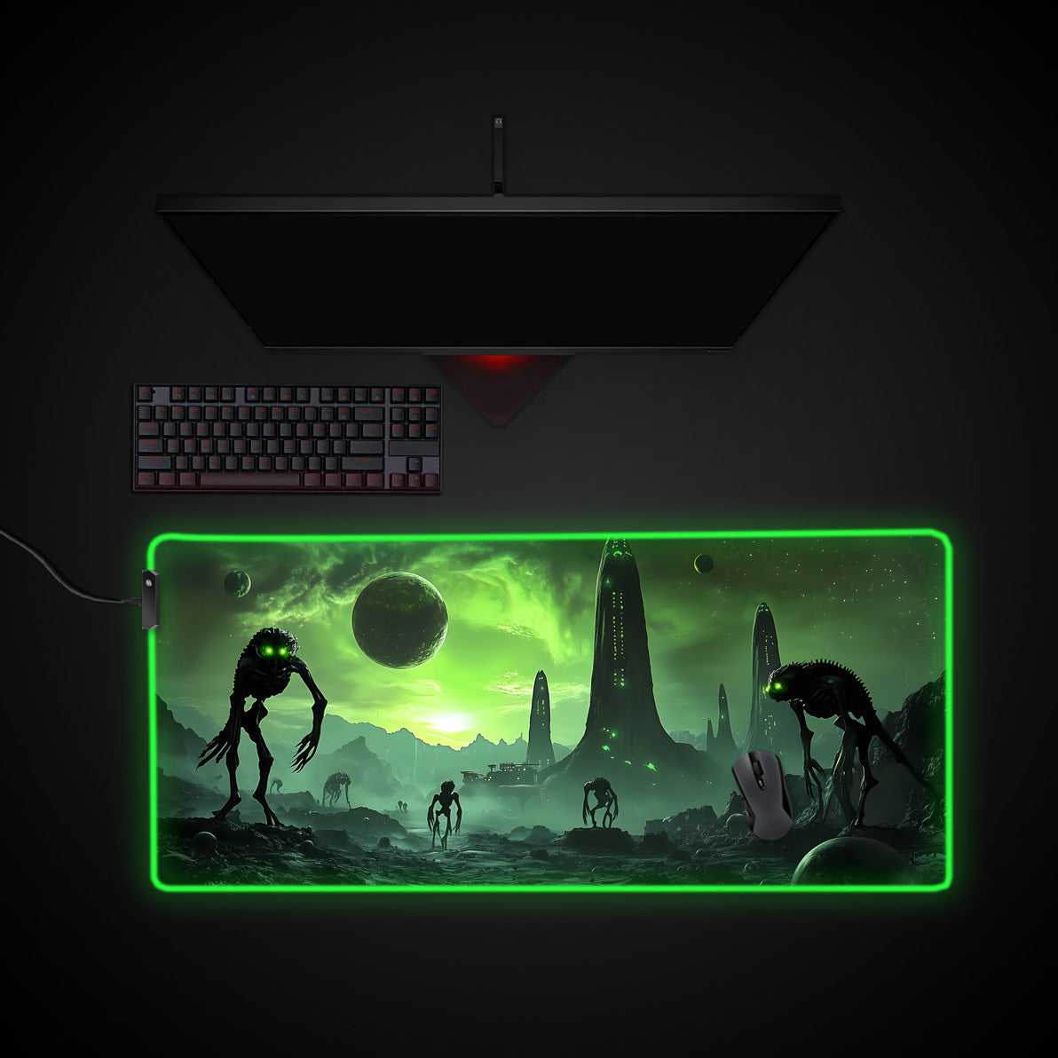 Green Alien Worlds Desk Pad desk mat with RGB edge lighting
