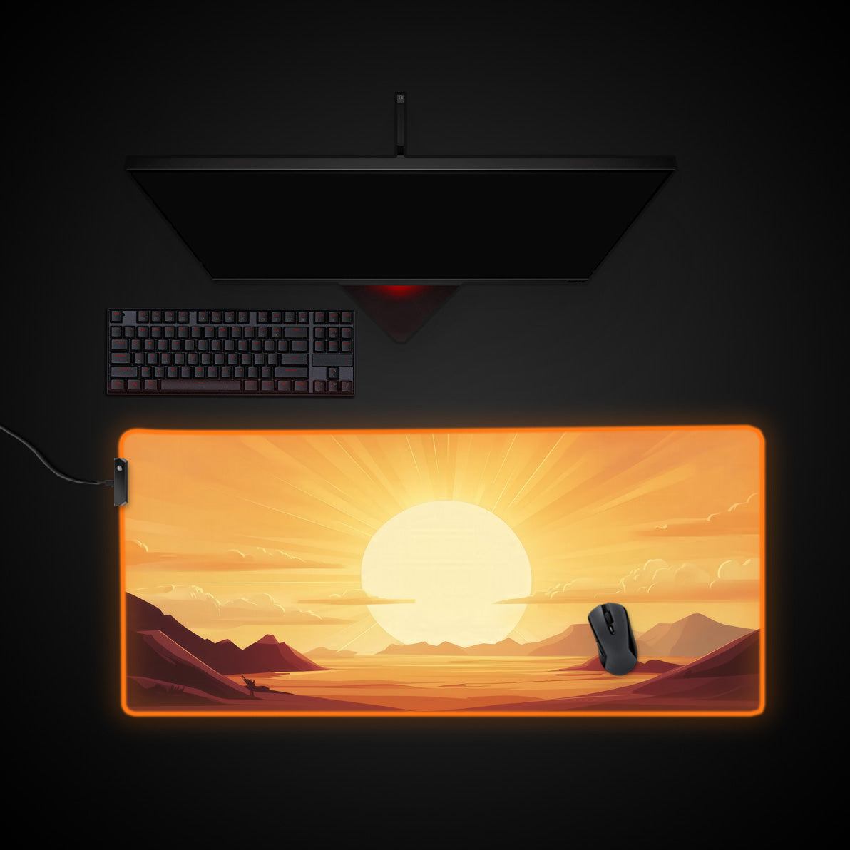 Sunset Desert Landscape Desk Pad desk mat with RGB edge lighting