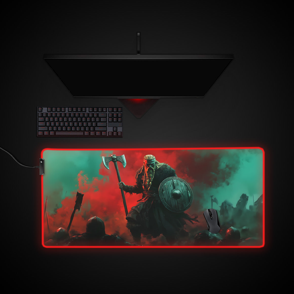 Green And Red Viking Desk Pad desk mat with RGB edge lighting