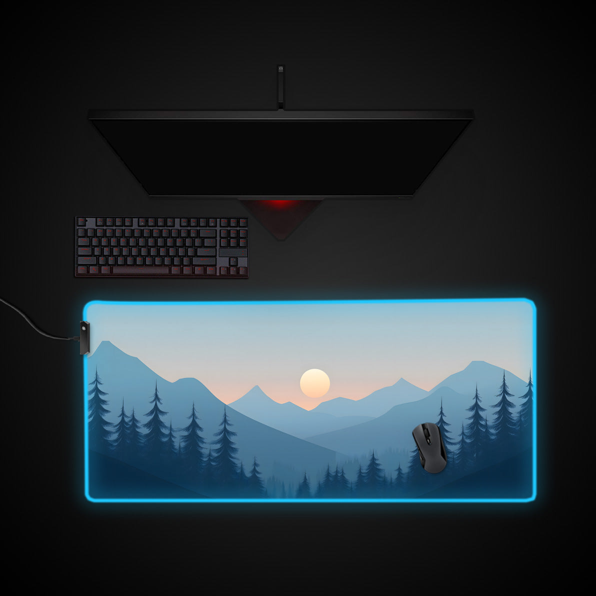 Mountain Sunset Blue Desk Pad desk mat with RGB edge lighting
