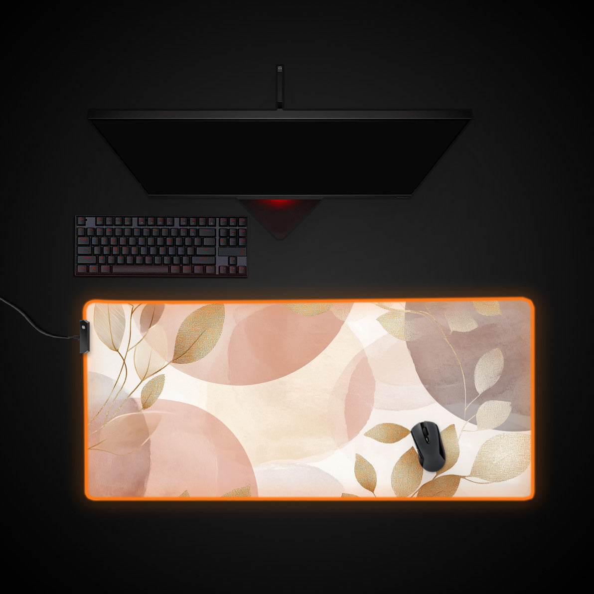 Watercolor Gold Leaves Desk Pad desk mat with RGB edge lighting