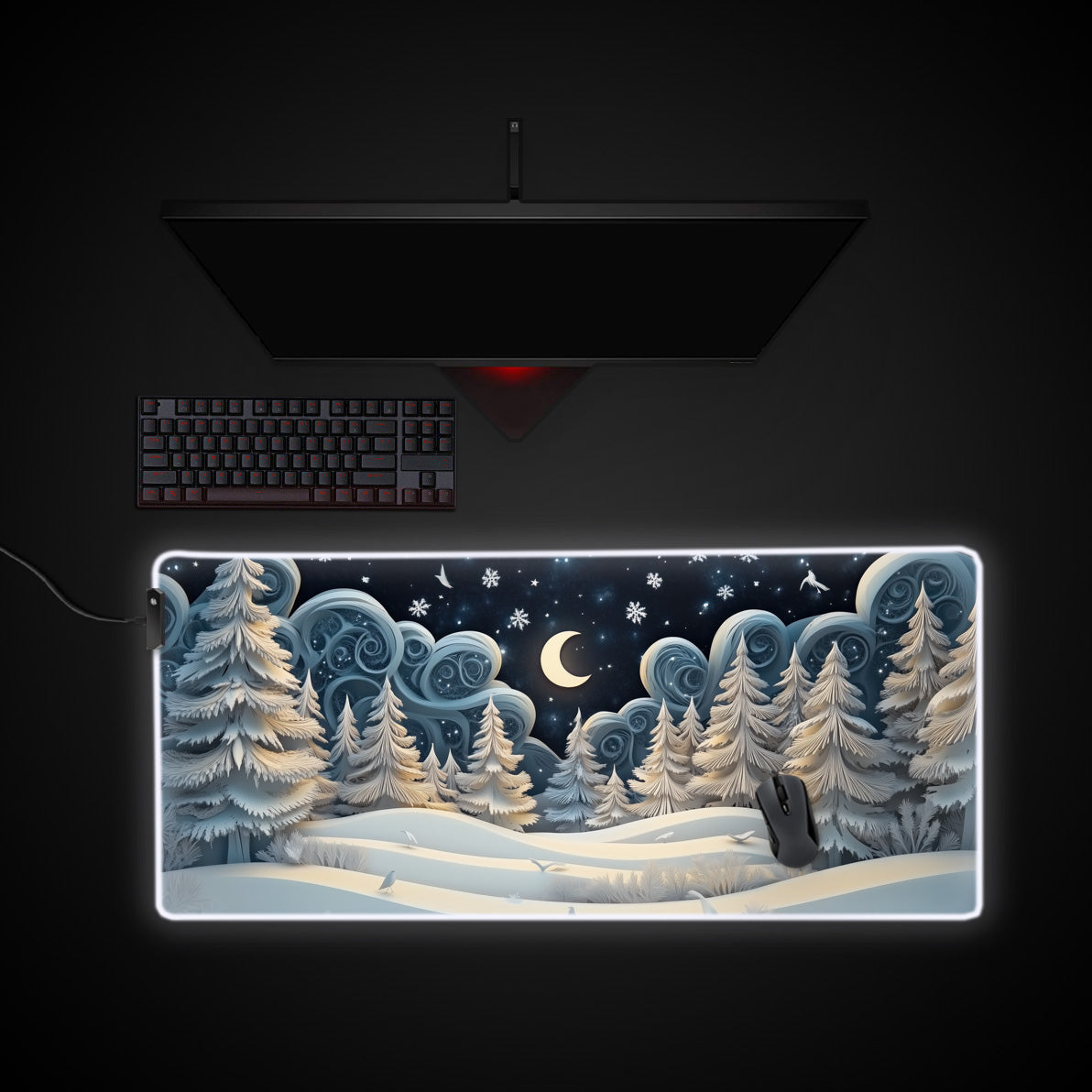 Frosted Forest Kawaii Desk Pad desk mat with RGB edge lighting