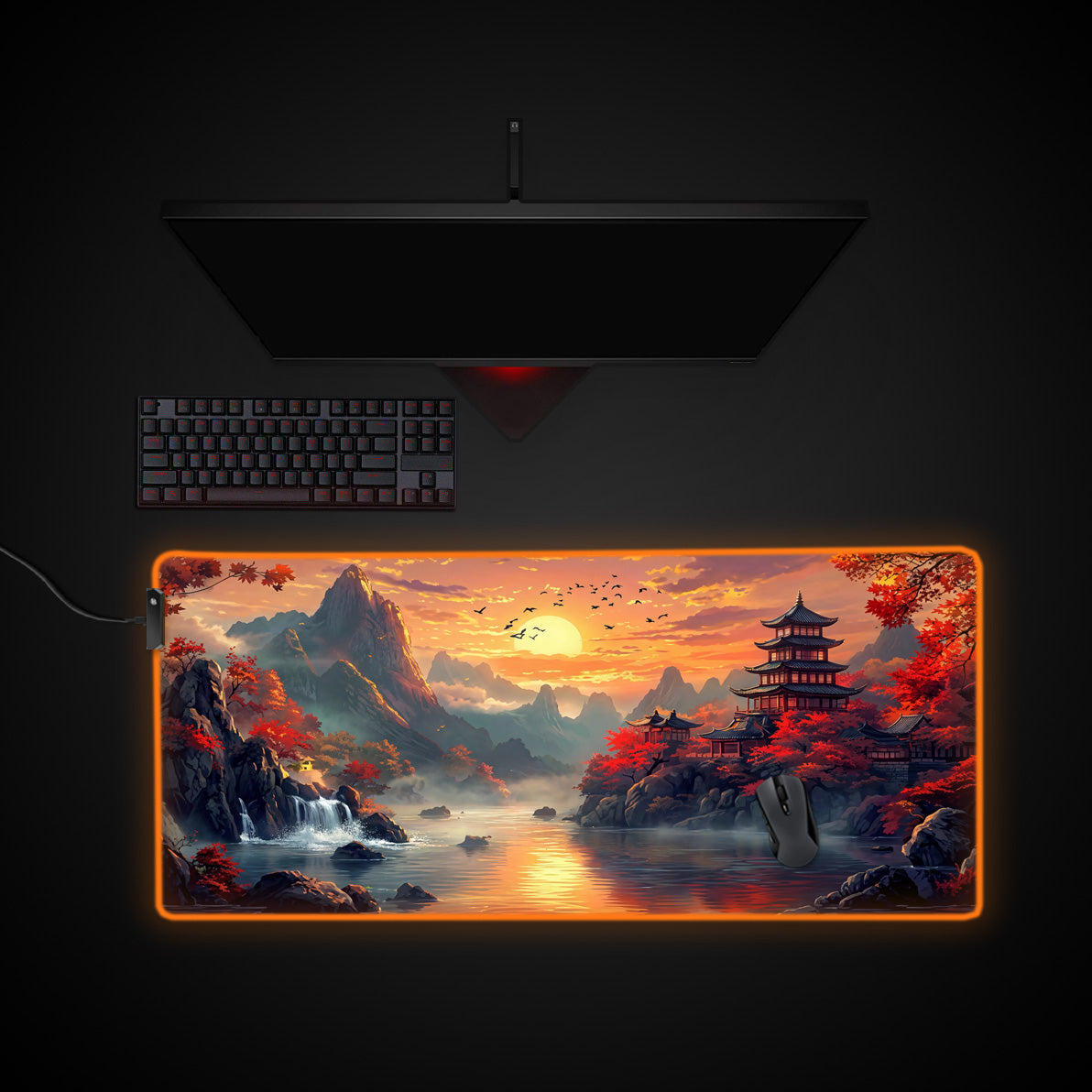 Japanese Sunset Desk Pad desk mat with RGB edge lighting