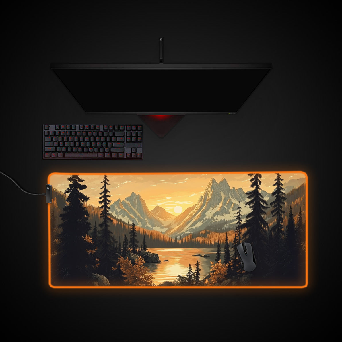 Majestic Mountain Sunset Desk Pad desk mat with RGB edge lighting