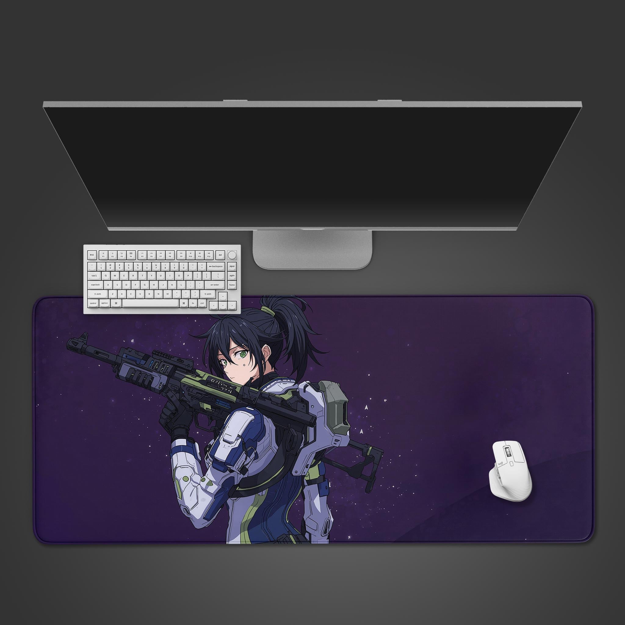 Anime desk mat with space warrior girl design – top view with keyboard and mouse. - Epic Design Pads