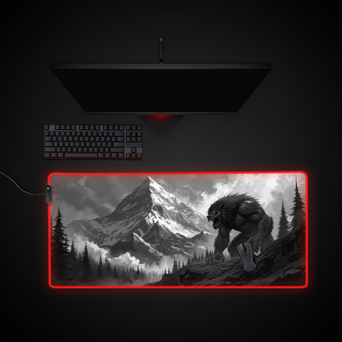 Lunar Beast Awakens desk mat with RGB edge lighting