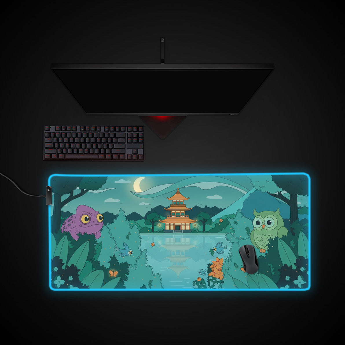Serene Pagoda desk mat with RGB edge lighting