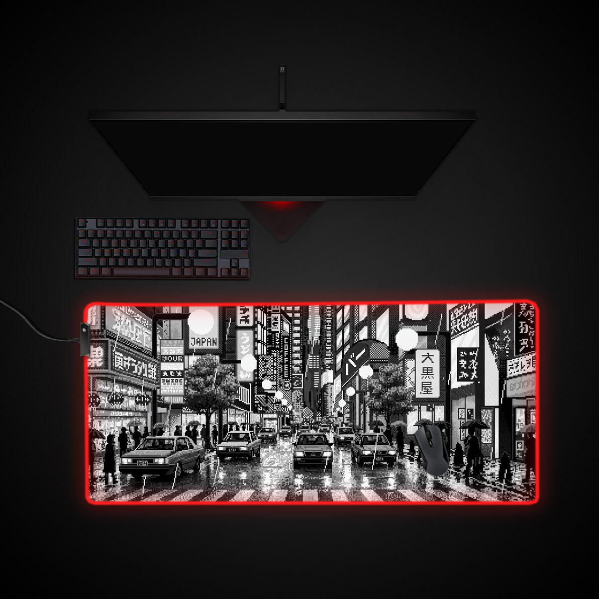Pixelated Metropolis desk mat with RGB edge lighting
