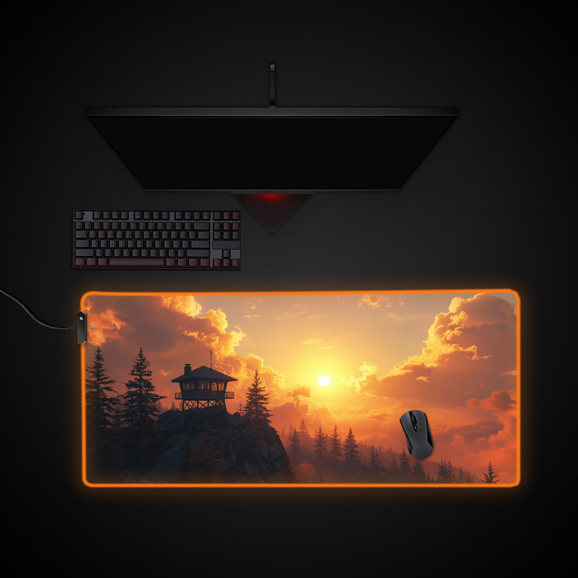 Sunset Lookout desk mat with RGB edge lighting
