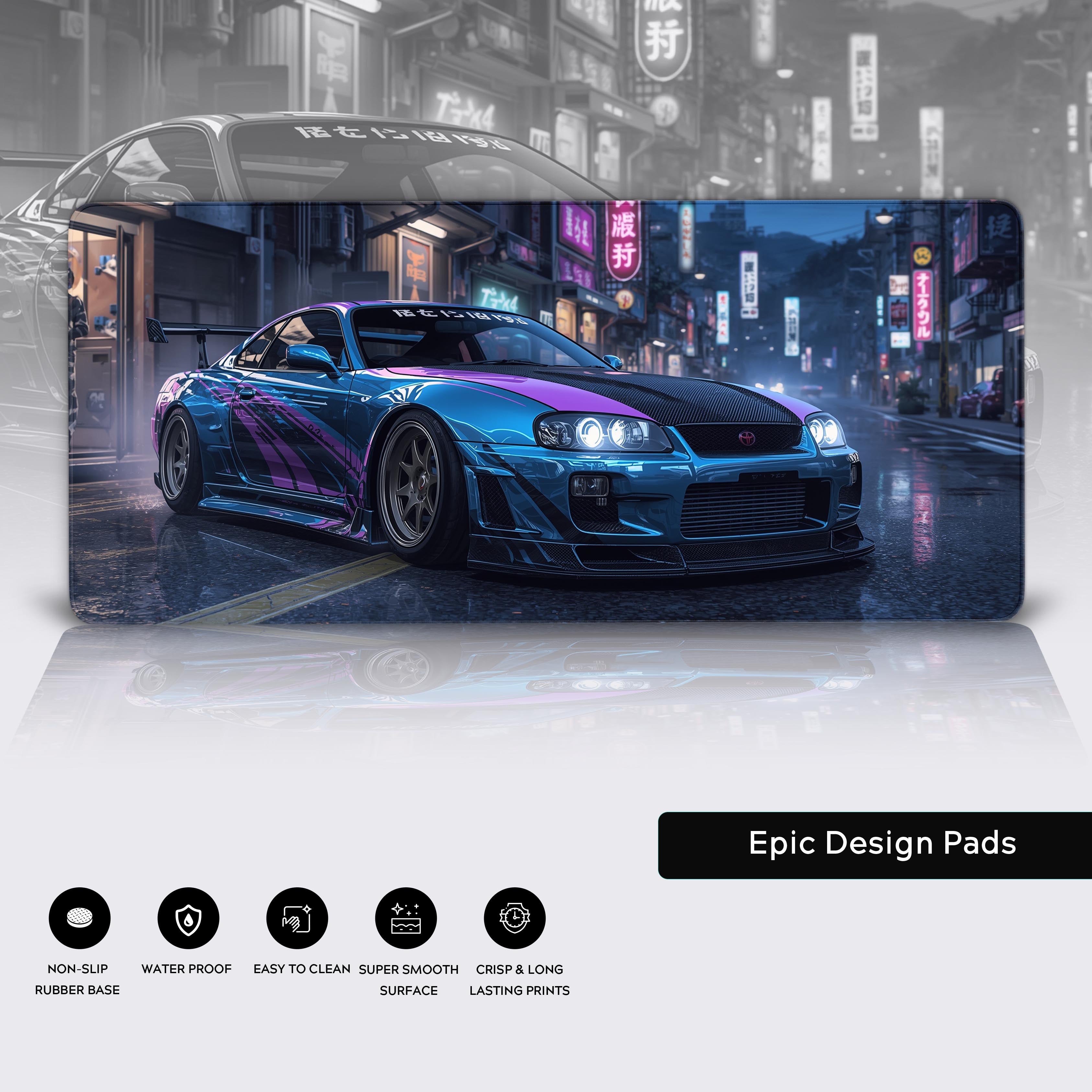 Midnight Streets car enthusiast mouse pad – close-up showing stitched edges and non-slip rubber base. - Epic Design Pads