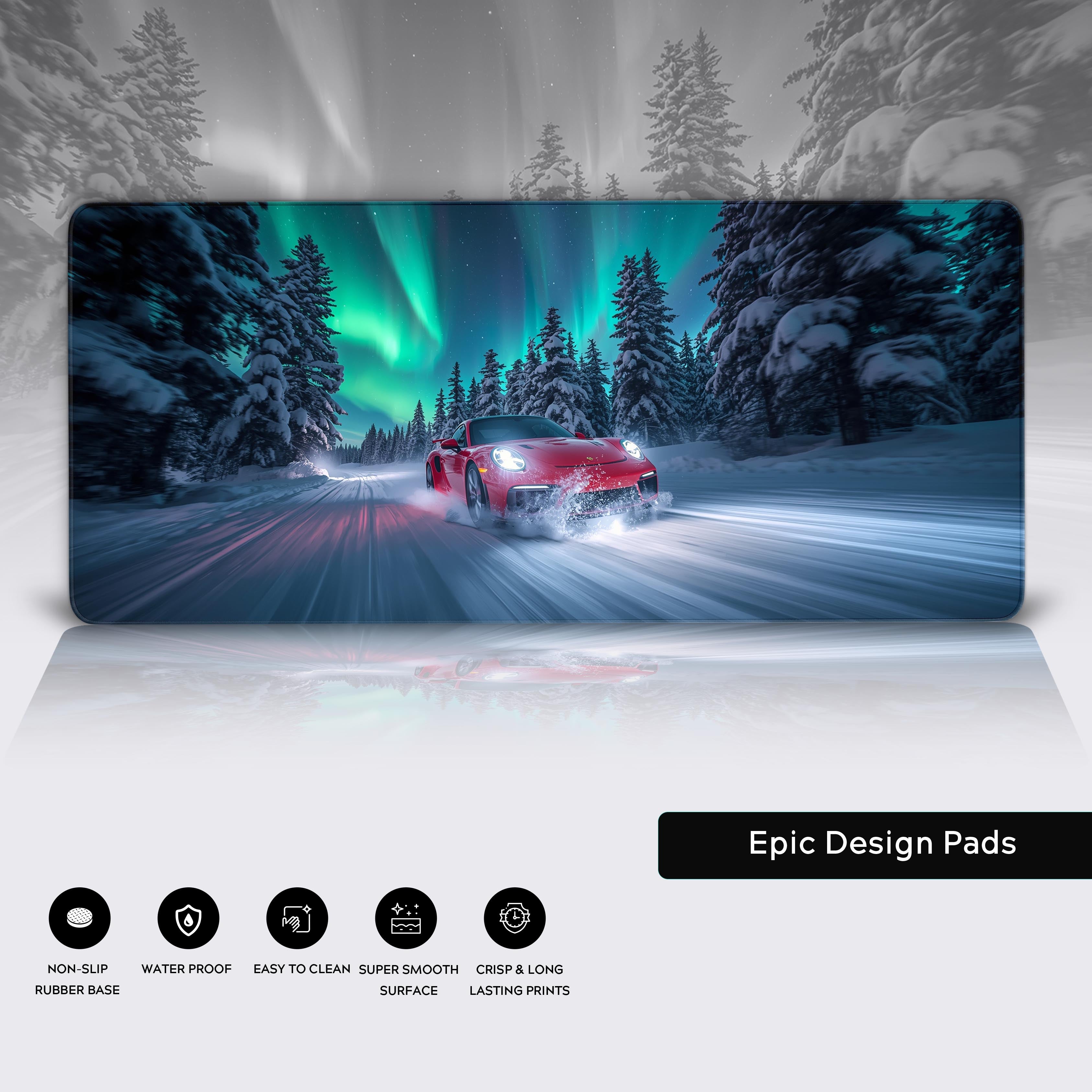 Close-up of the Northern Drive desk mat highlighting the high-quality stitched edges and the smooth, water-resistant surface. - Epic Design Pads