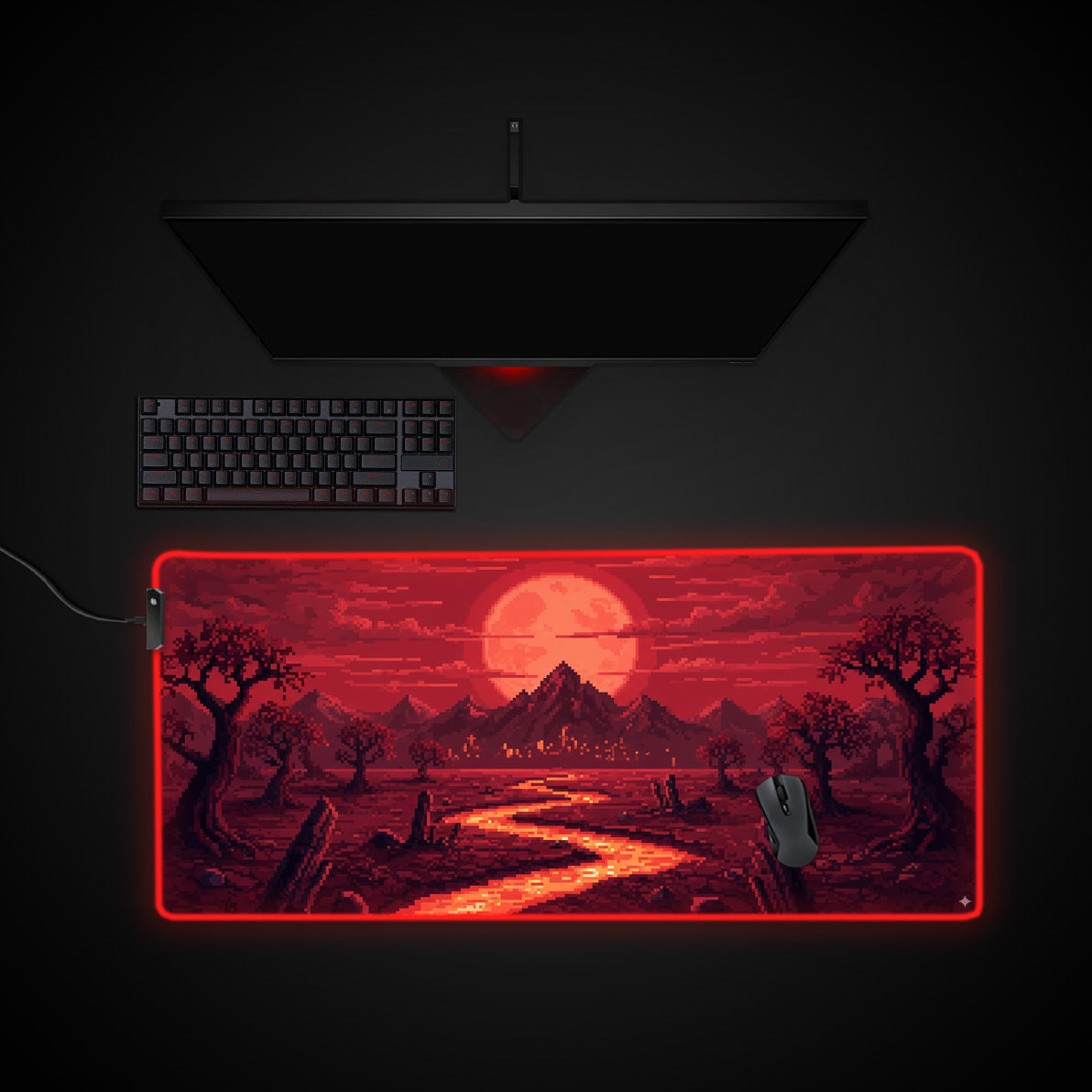 Crimson Pixelscape desk mat with RGB edge lighting