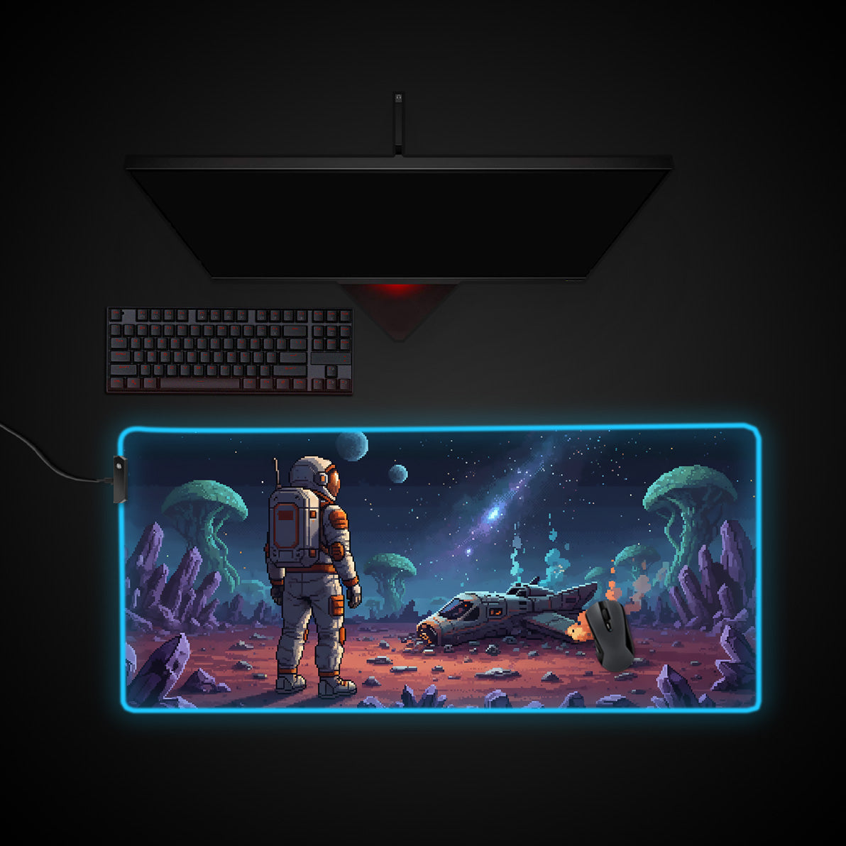 Stranded Explorer desk mat with RGB edge lighting