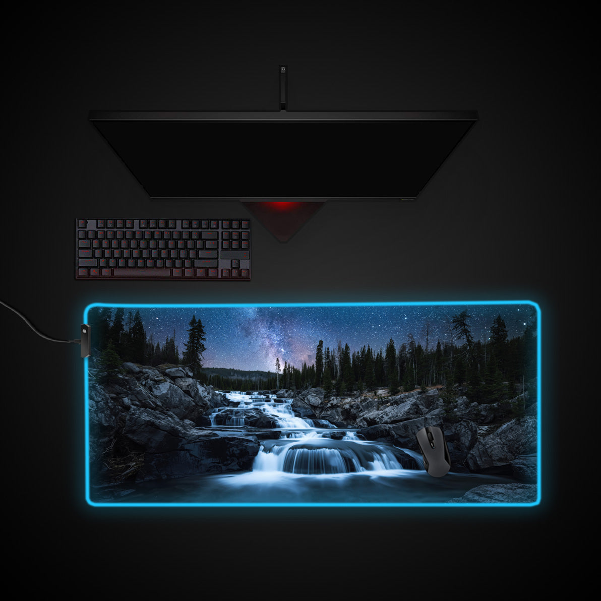 Starlight Cascade desk mat with RGB edge lighting