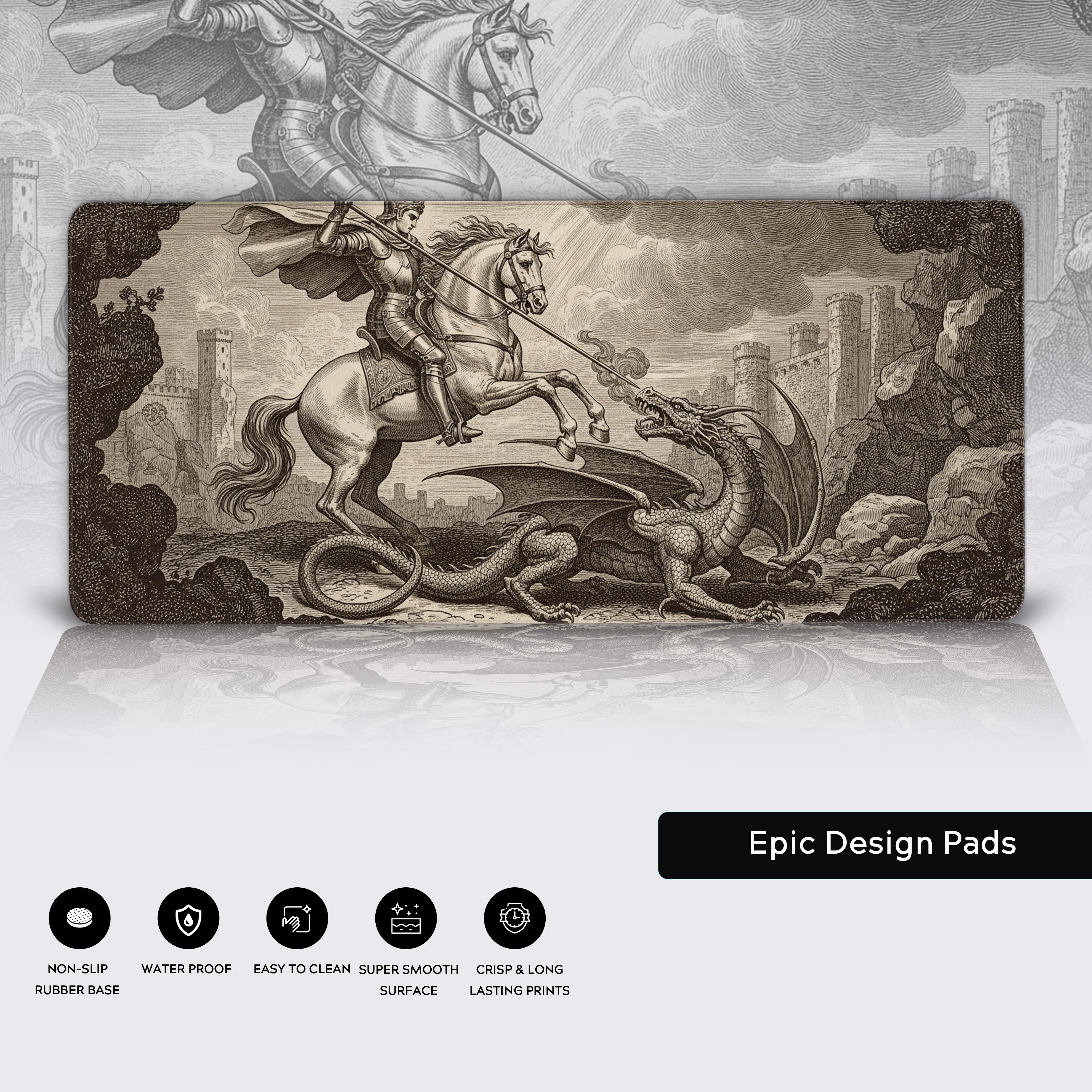 Close-up of the Knight's Valor fantasy desk mat showcasing the quality stitched edges, non-slip rubber base, and detailed vintage art style. - Epic Design Pads