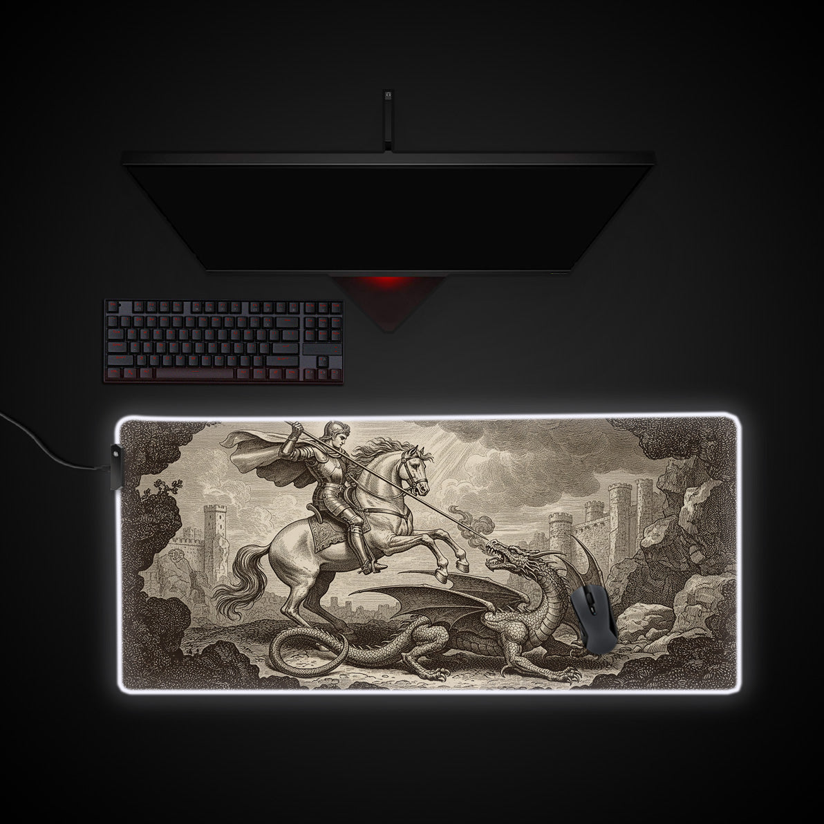 Knight's Valor desk mat with RGB edge lighting