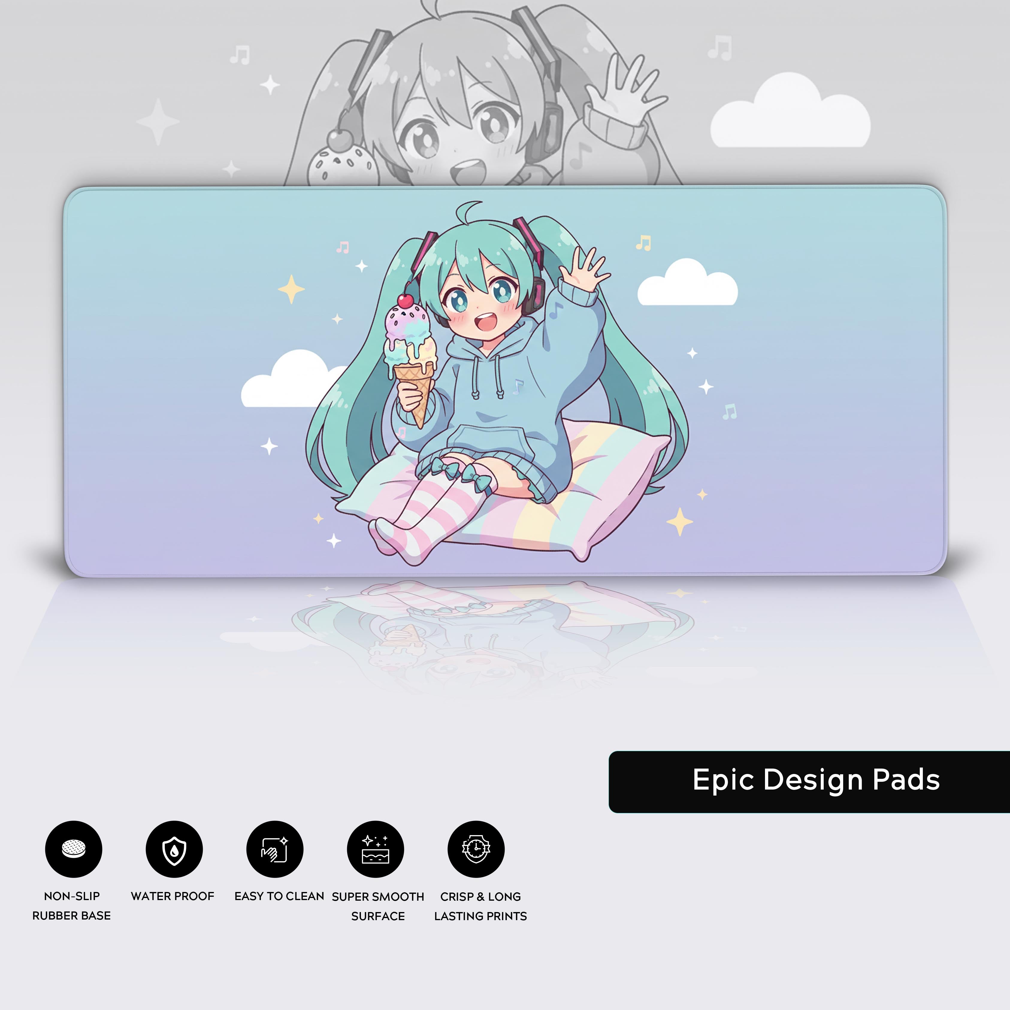 Close-up of the kawaii anime desk mat showing the high-quality stitched edges, non-slip rubber base, and smooth, water-resistant surface. - Epic Design Pads