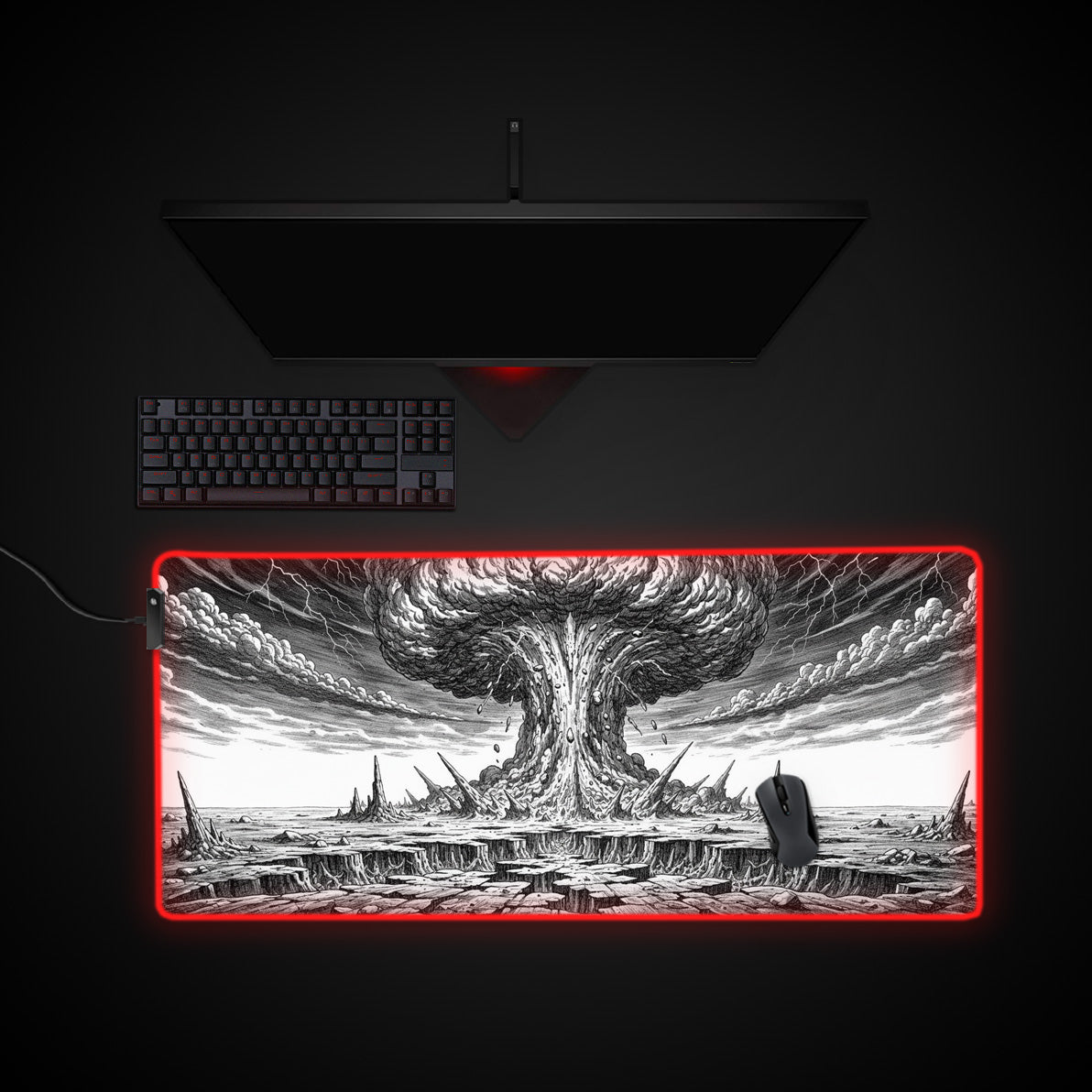 Cataclysmic desk mat with RGB edge lighting