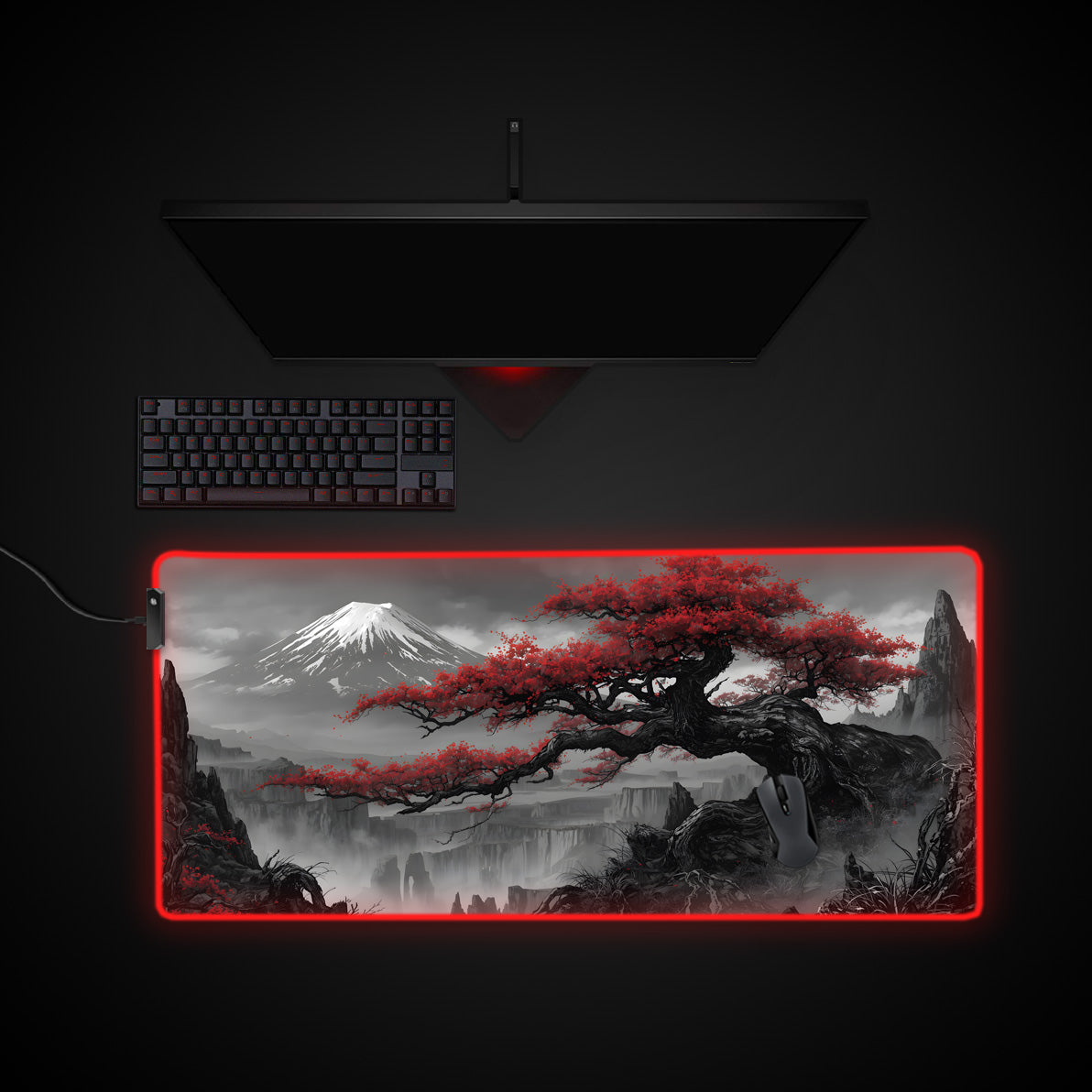 Crimson Peaks desk mat with RGB edge lighting