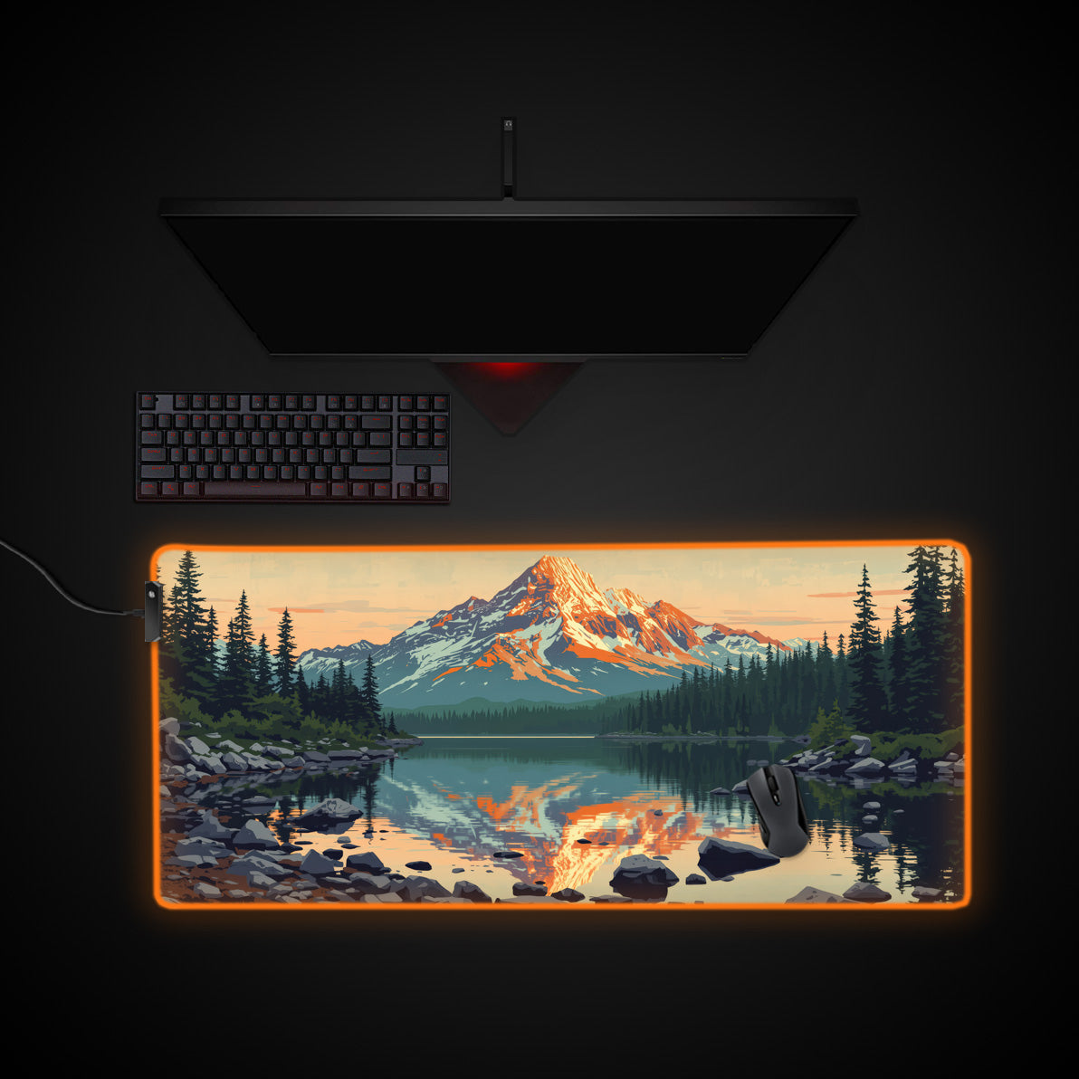 Mountain Sunset desk mat with RGB edge lighting