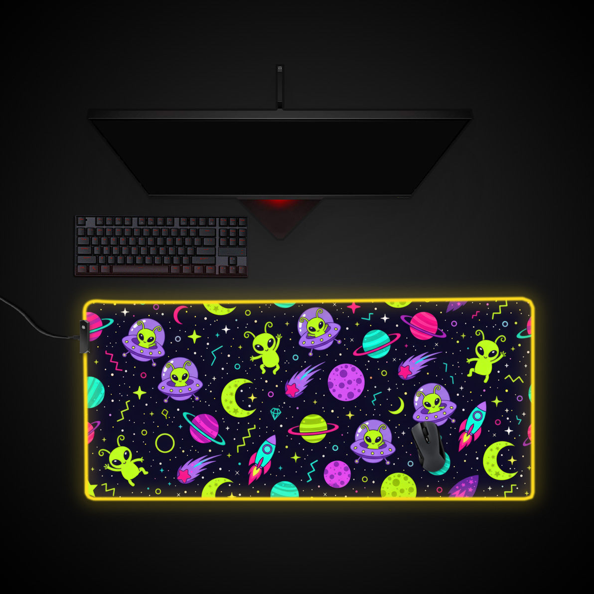 Cosmic Critters desk mat with RGB edge lighting