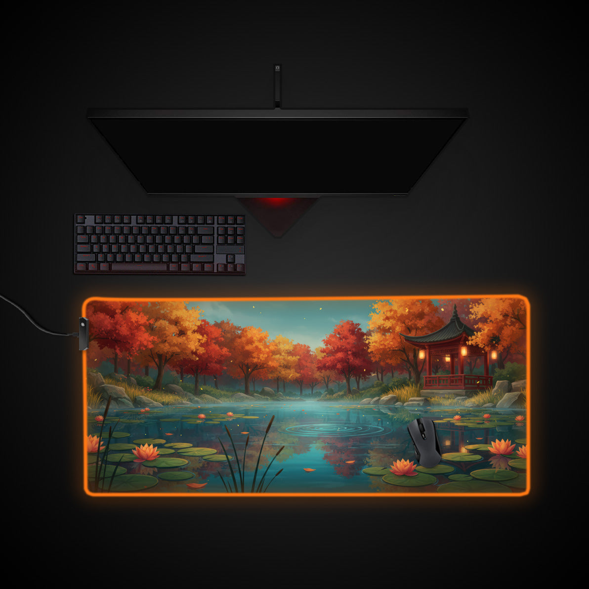 Autumn Pond desk mat with RGB edge lighting