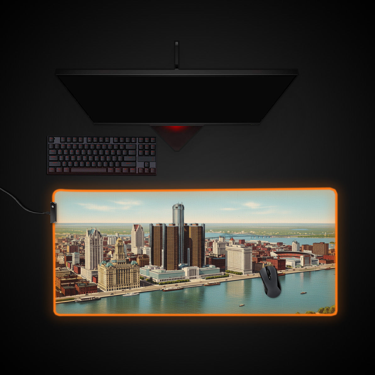 Vintage Detroit desk mat with RGB edge lighting