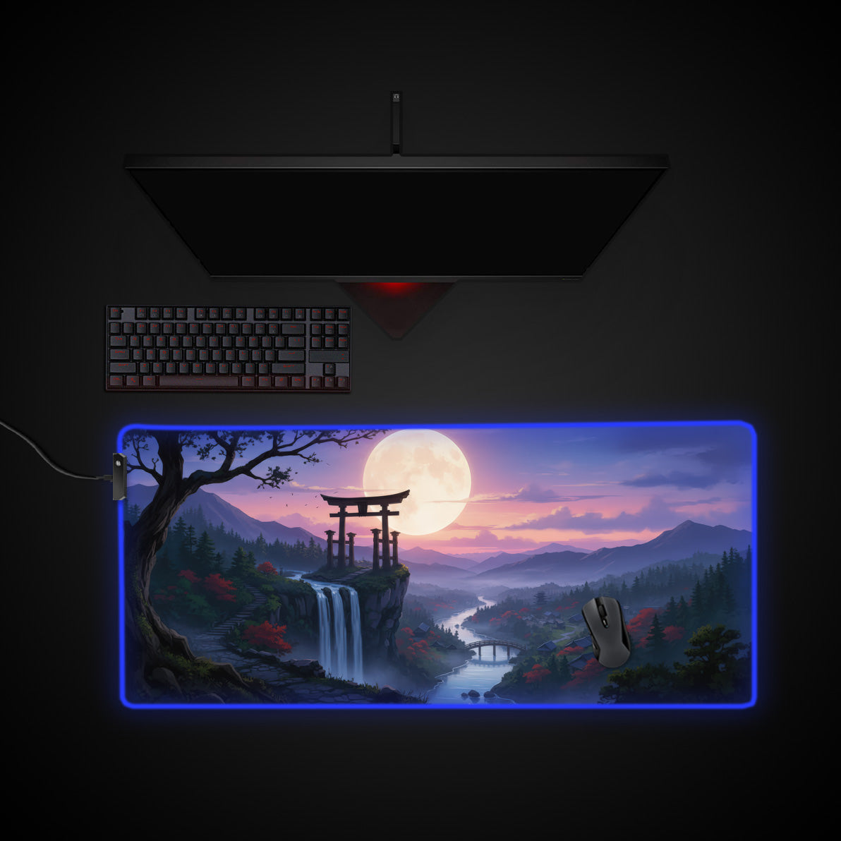Whispering Falls desk mat with RGB edge lighting