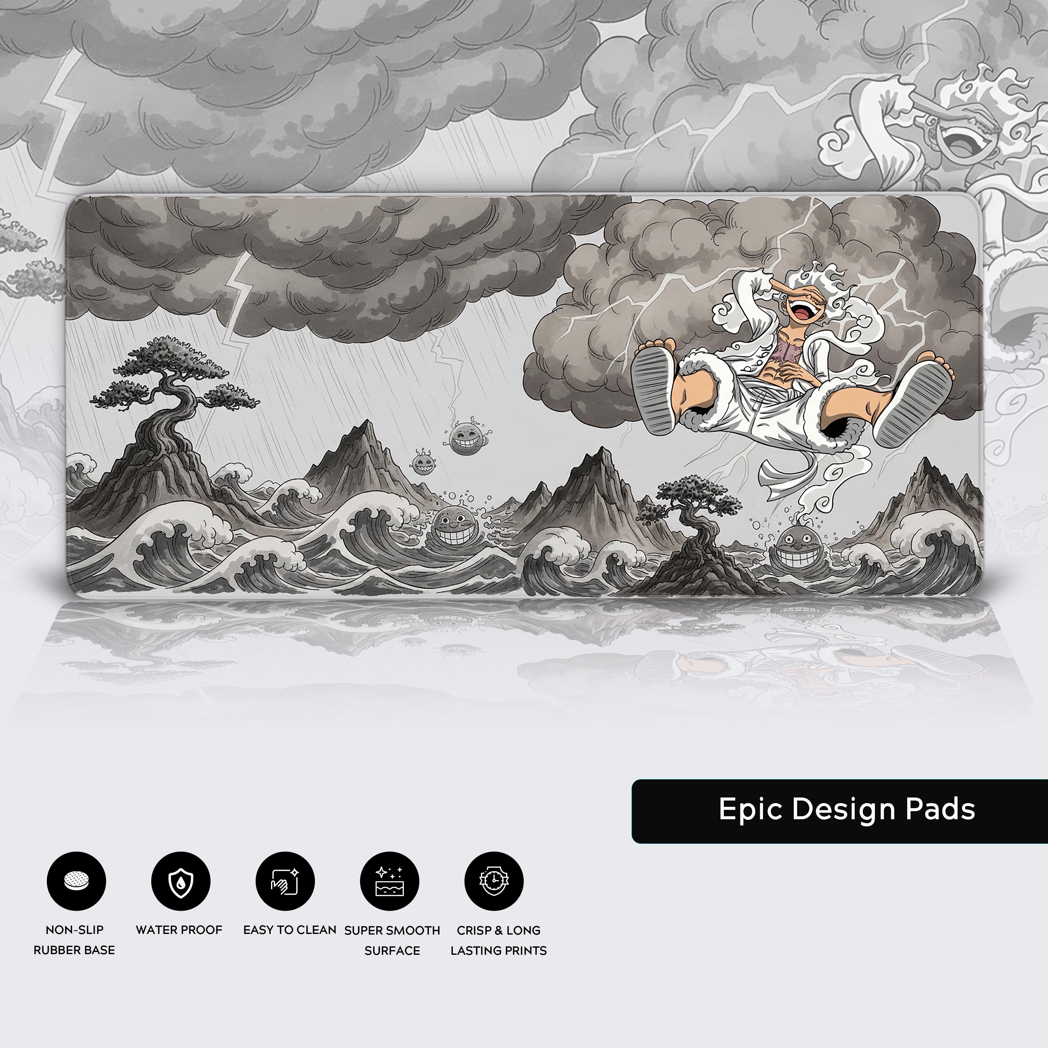 Close-up of the Joyful Warrior anime desk mat highlighting the stitched edges, waterproof surface, and non-slip rubber base. - Epic Design Pads