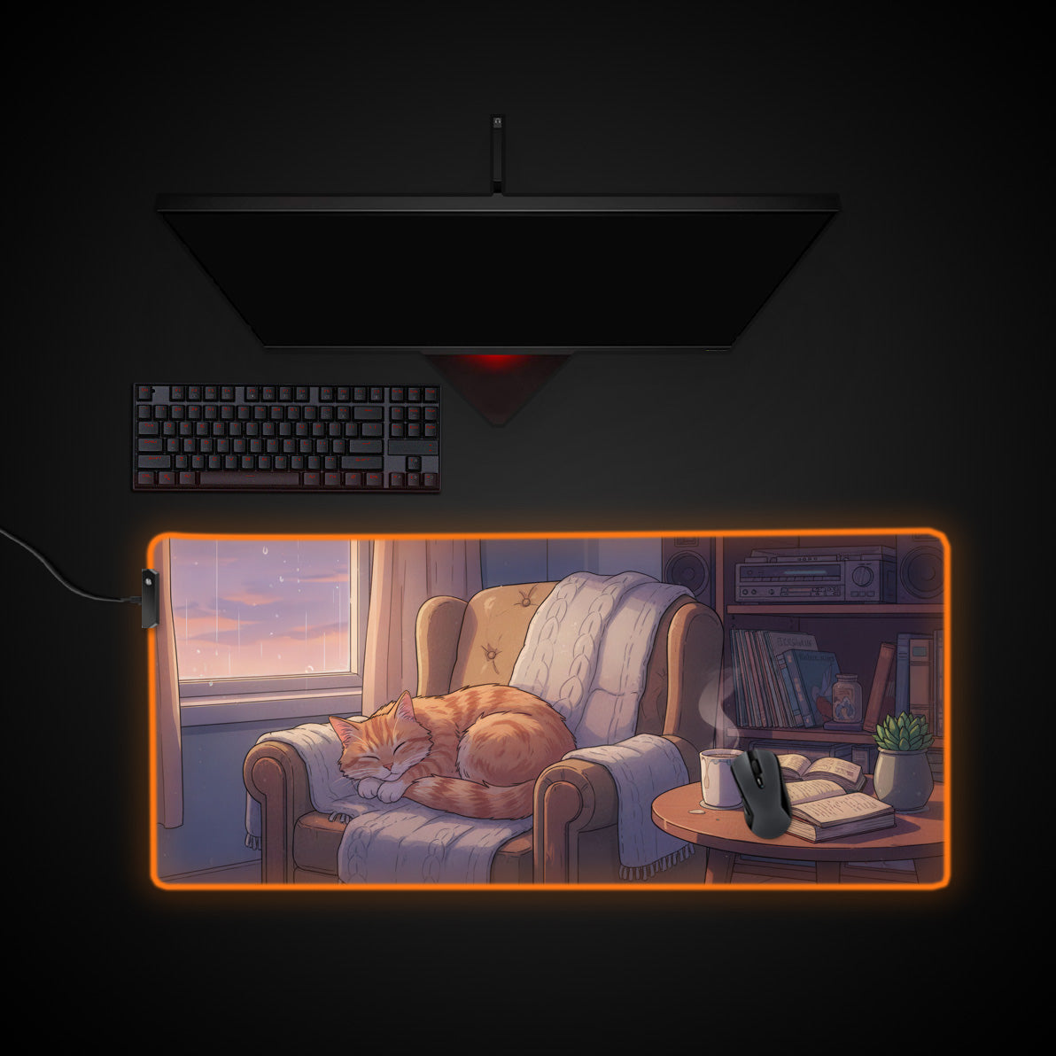 Cozy Naps desk mat with RGB edge lighting