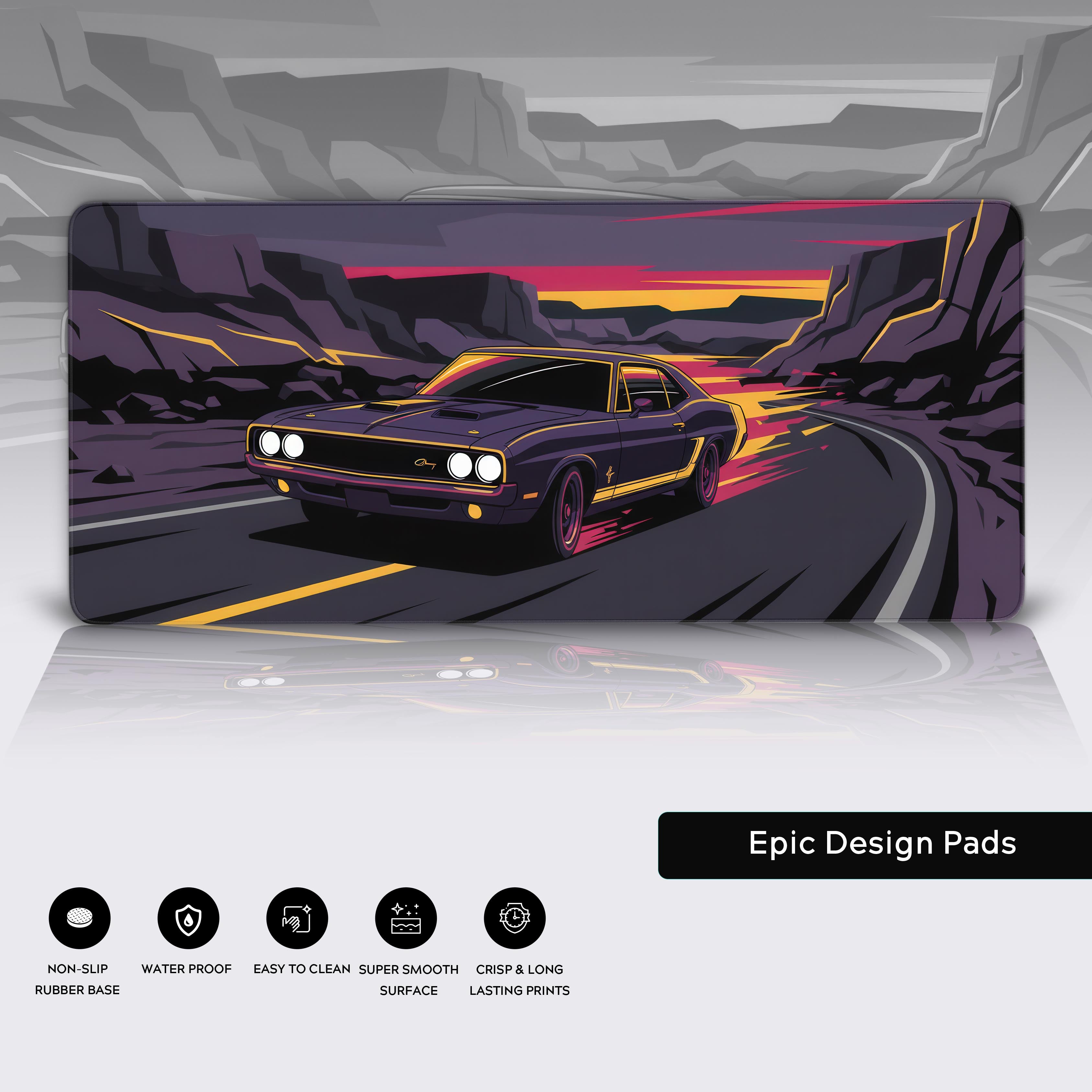 Midnight Rider desk mat showcasing the durable stitched edges, waterproof surface, and non-slip rubber base. - Epic Design Pads