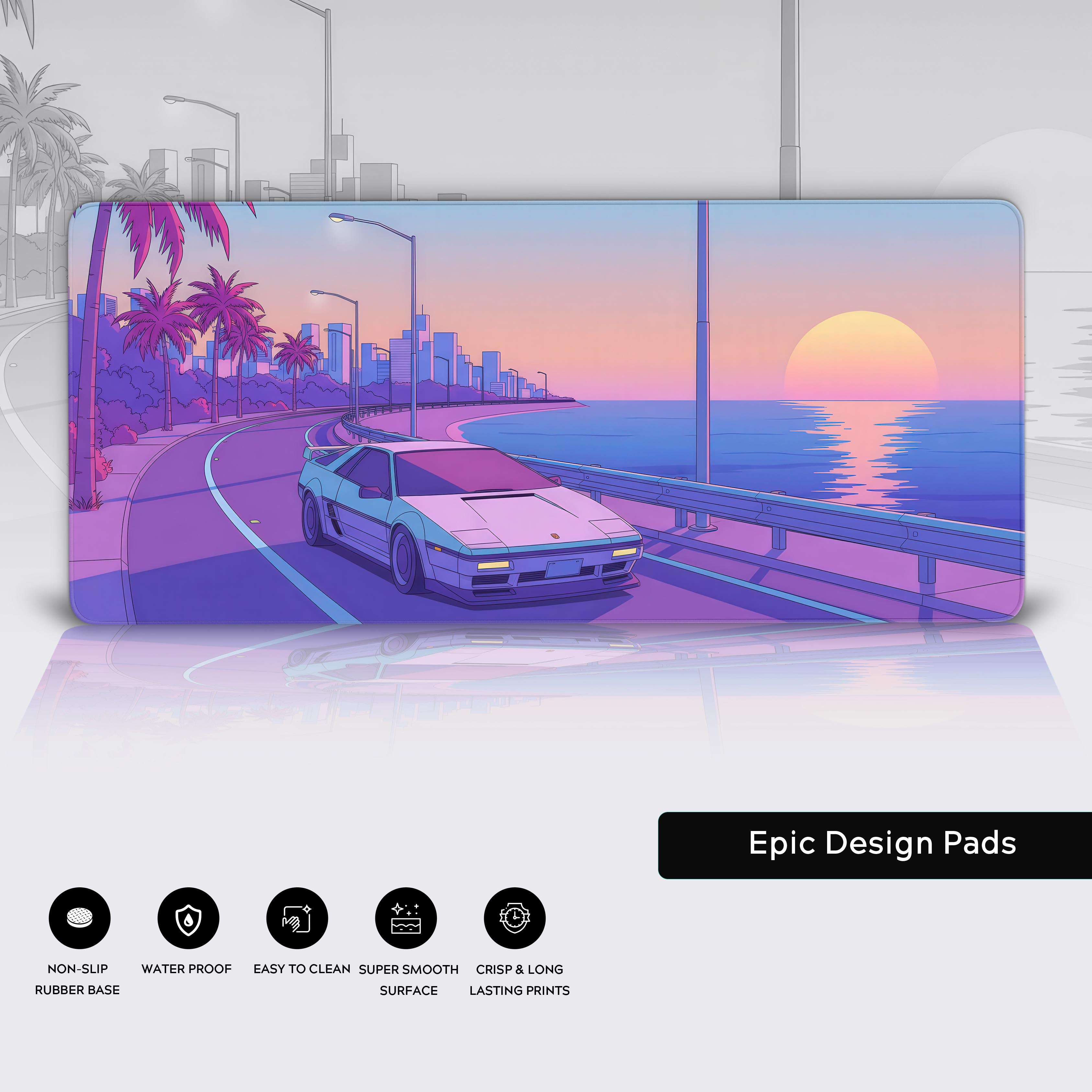 Miami Drive desk mat with retro synthwave art – showcasing the durable stitched edges and non-slip rubber base. - Epic Design Pads