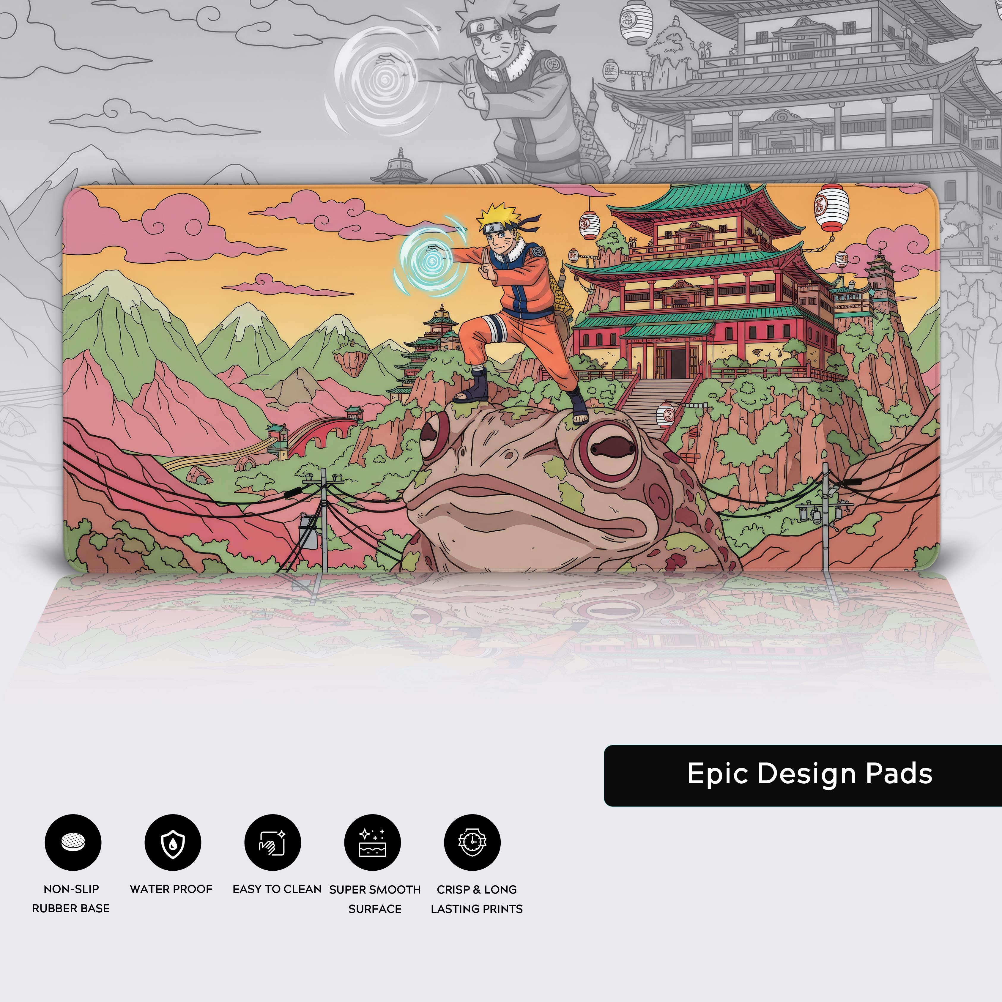 Close-up of the Toad Guardian anime desk mat showing the high-quality stitched edges and non-slip rubber base for gaming. - Epic Design Pads