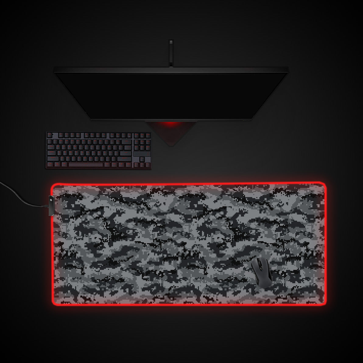 Gray Pixel Camo desk mat with RGB edge lighting