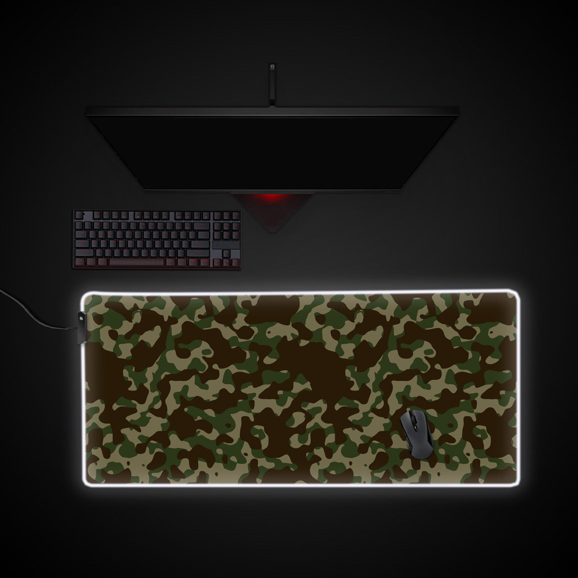 Woodland Camo desk mat with RGB edge lighting