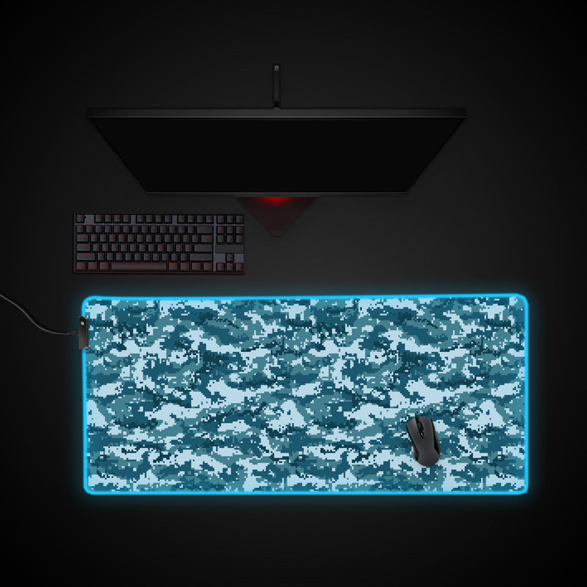 Aqua Pixel Camo desk mat with RGB edge lighting