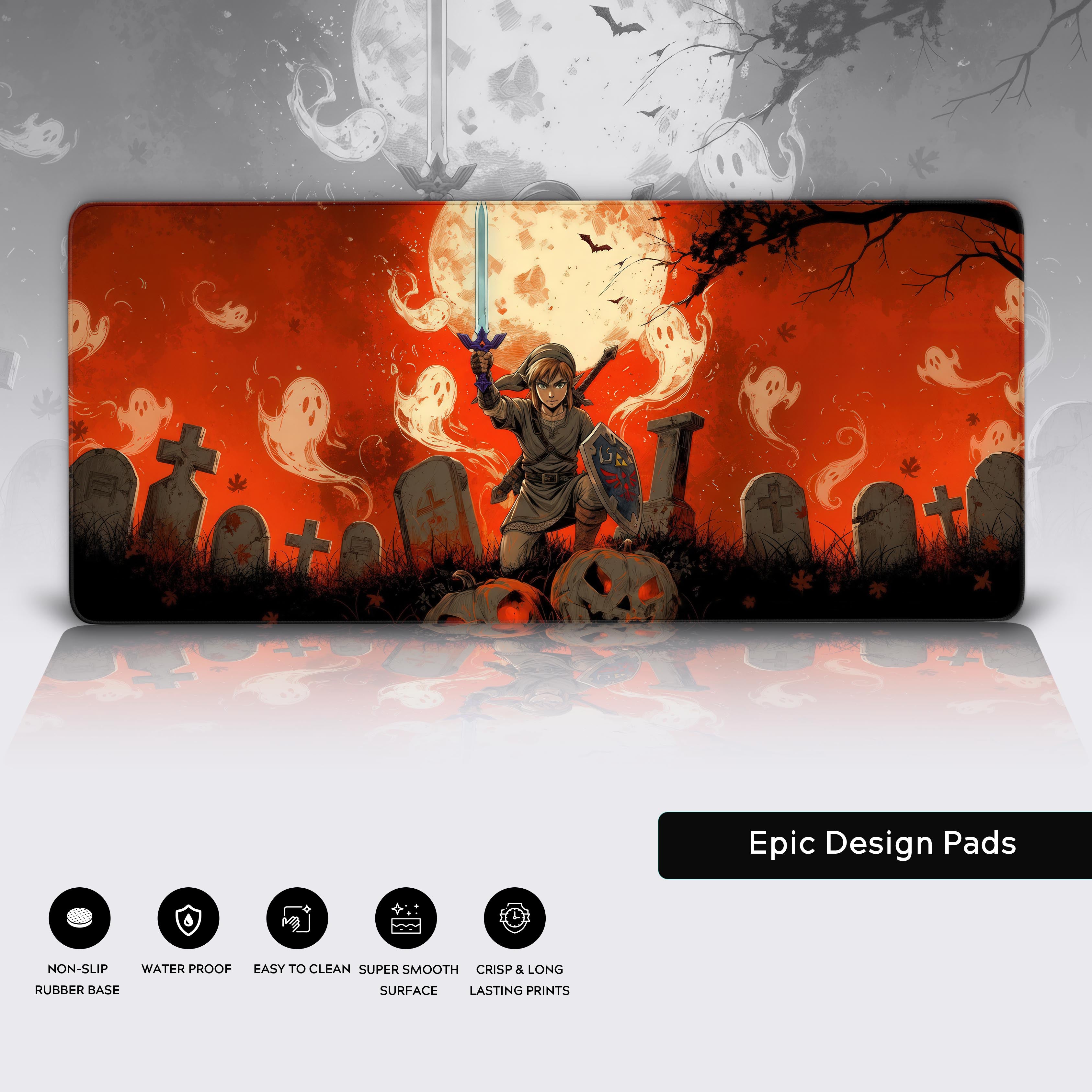 Spirit Warrior gaming desk mat showing durable stitched edges, water-resistant surface, and a non-slip rubber base for ultimate stability. - Epic Design Pads