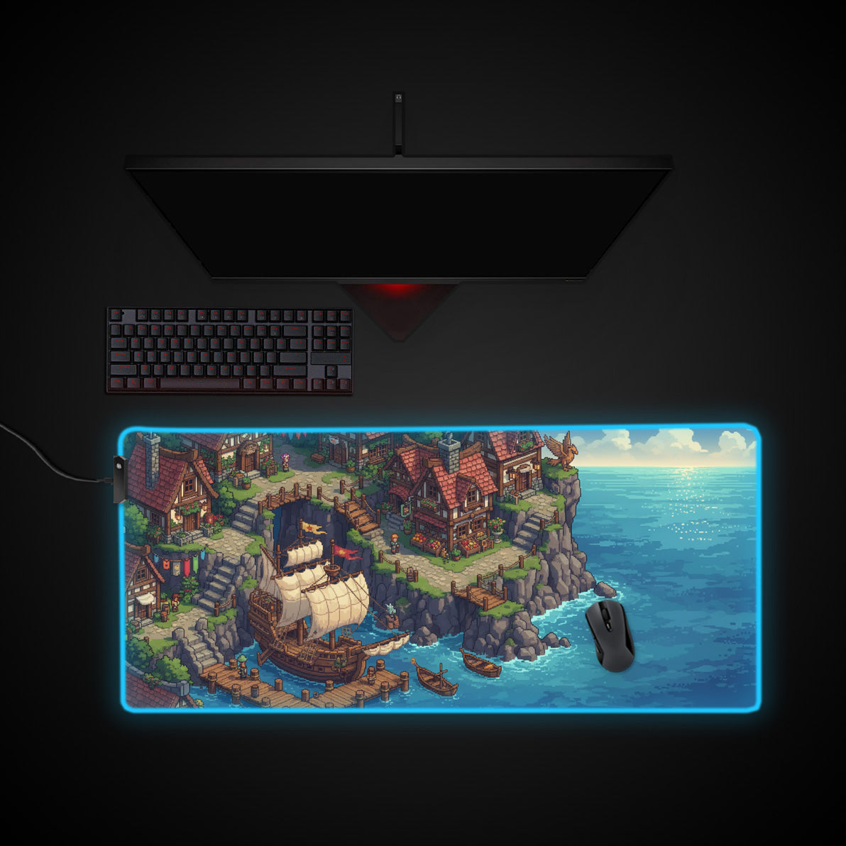 Seaside Village desk mat with RGB edge lighting