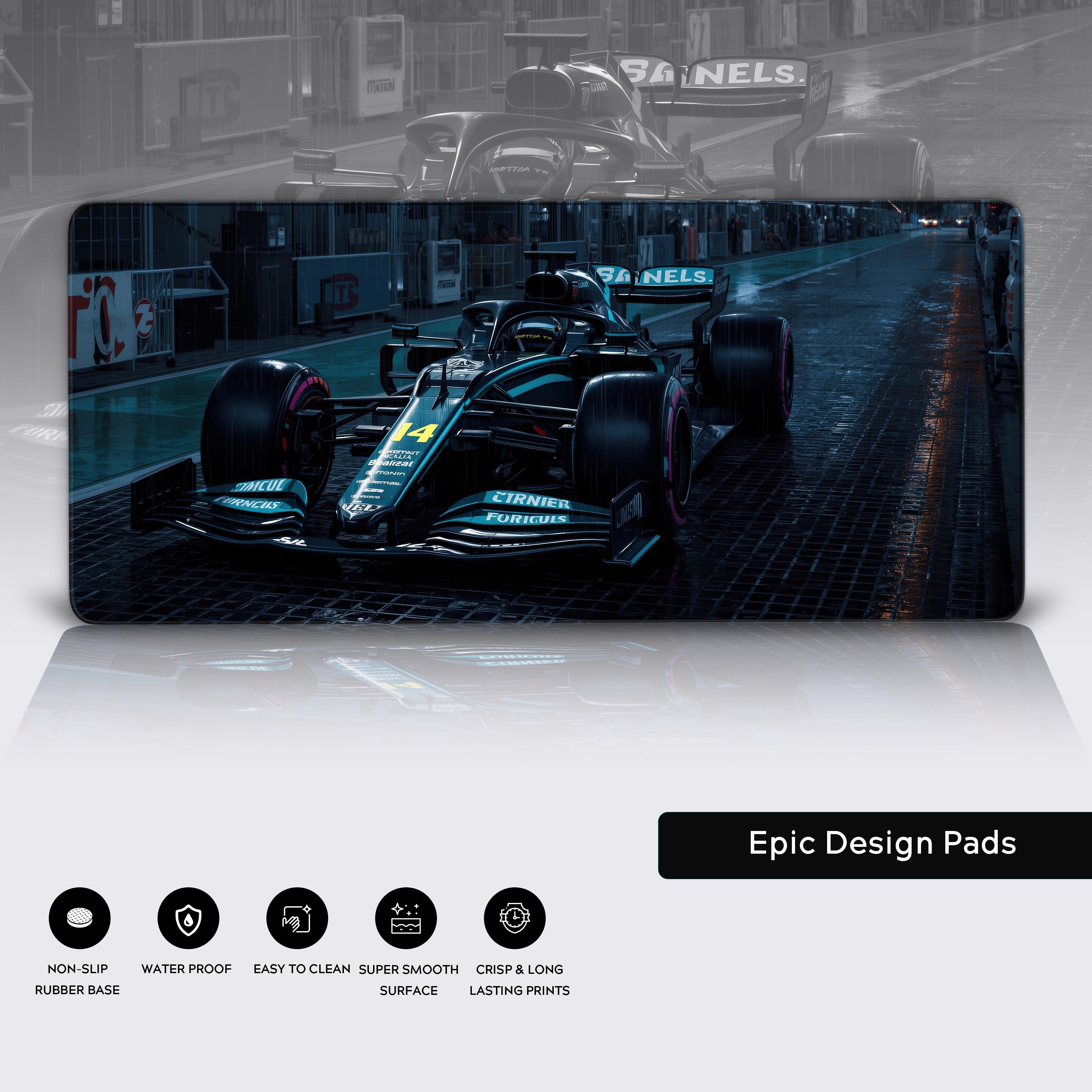 Wet Track racing desk mat showcasing its water-resistant surface, stitched edges, and non-slip rubber base. - Epic Design Pads