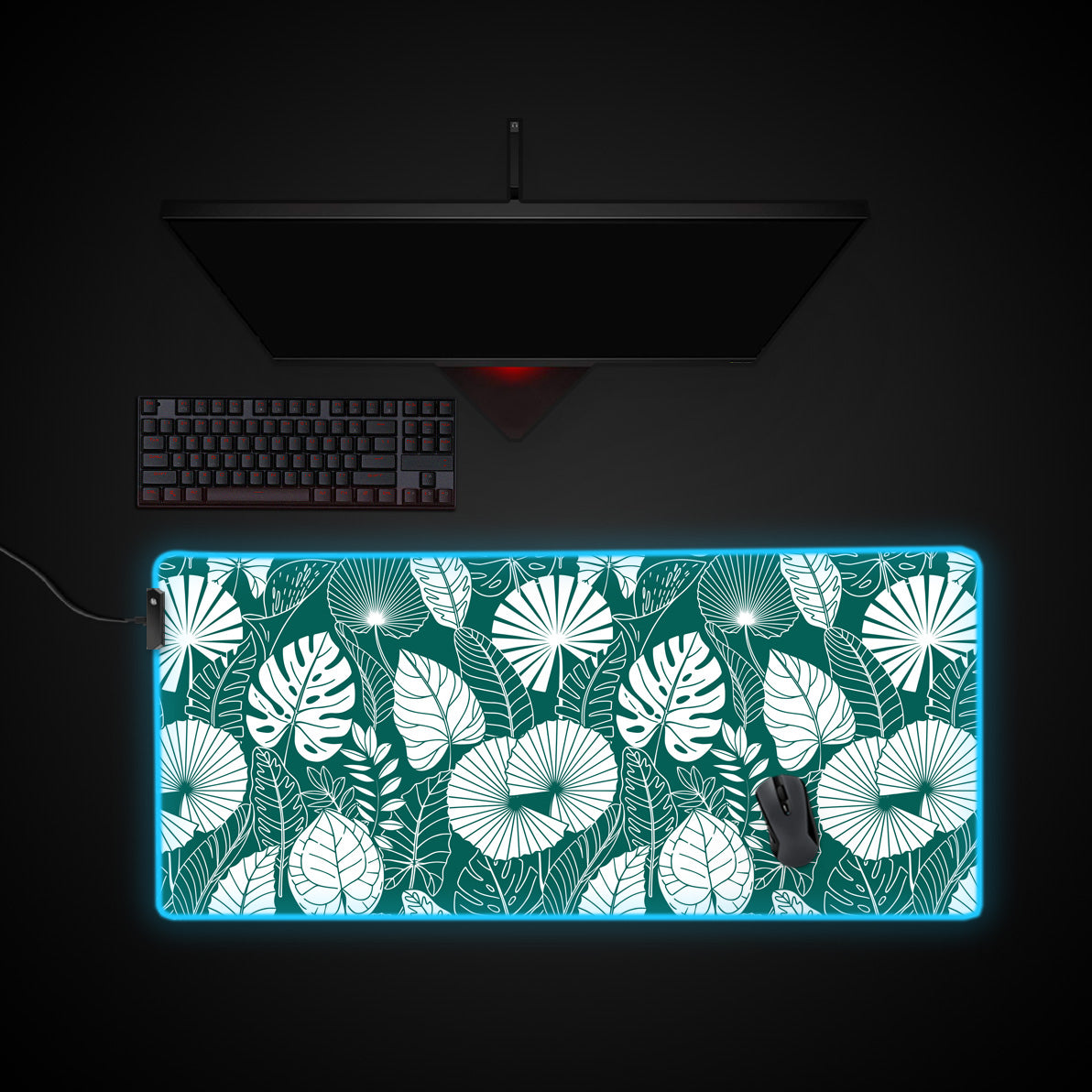 Botanical Teal desk mat with RGB edge lighting