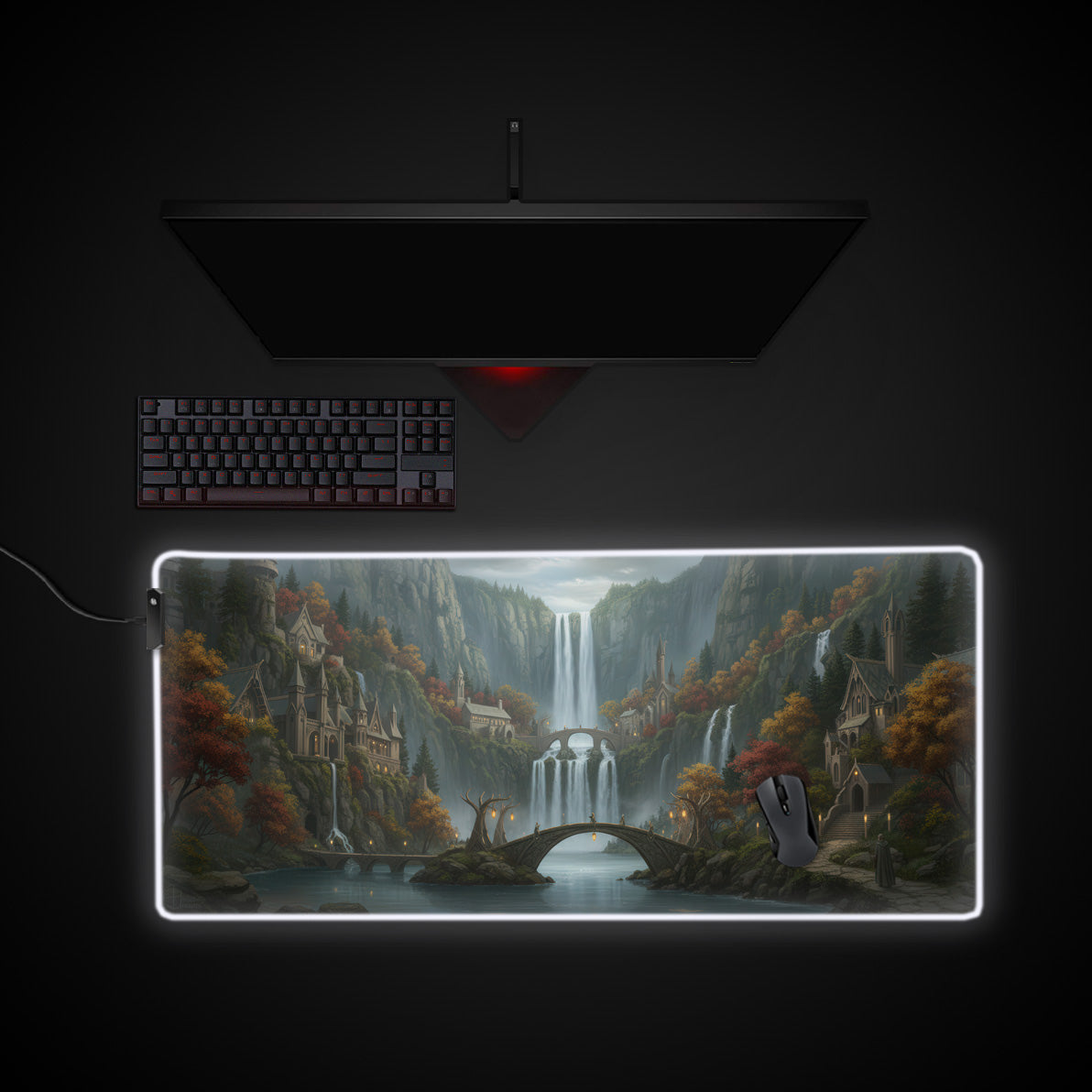 Elven Falls desk mat with RGB edge lighting