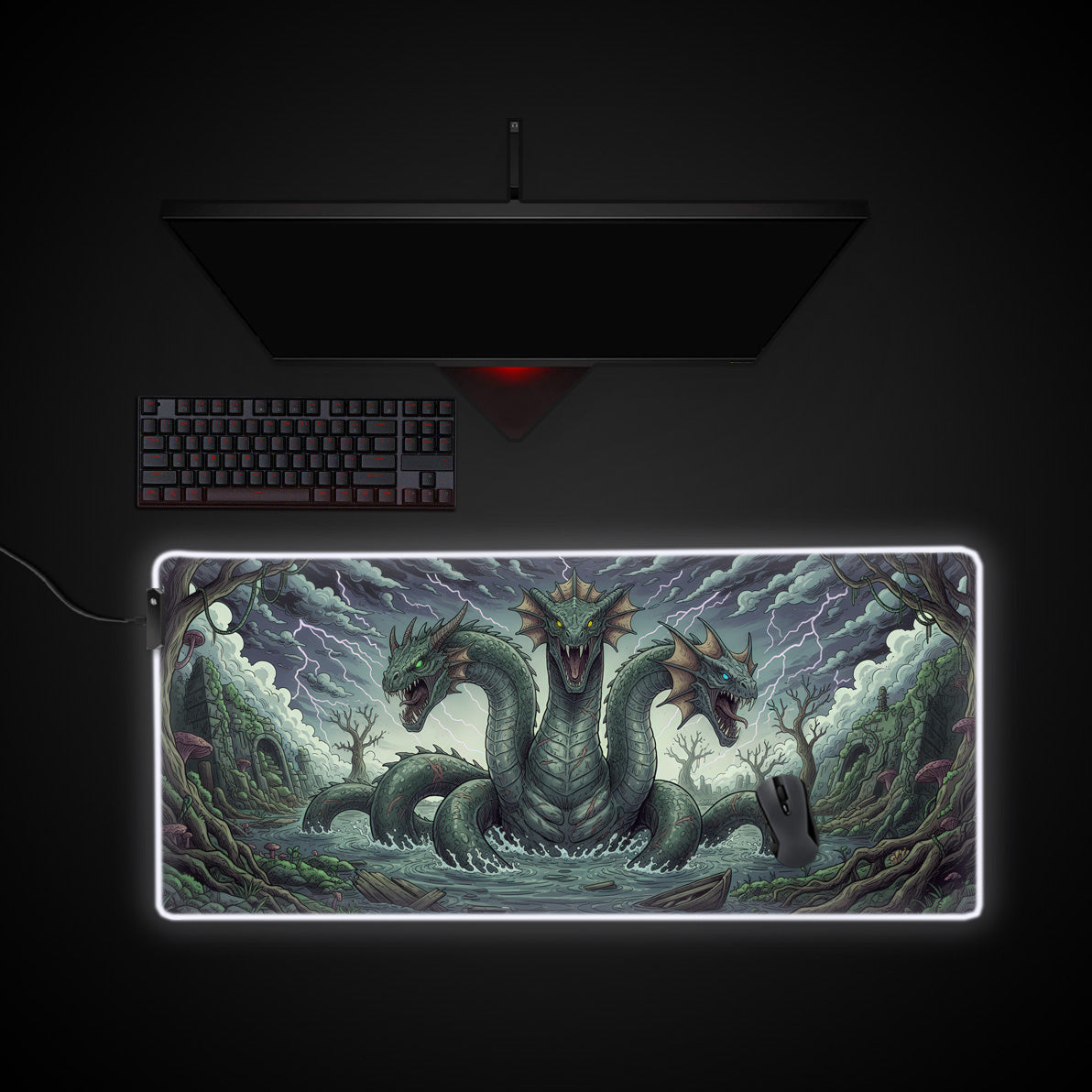 Hydra's Fury desk mat with RGB edge lighting