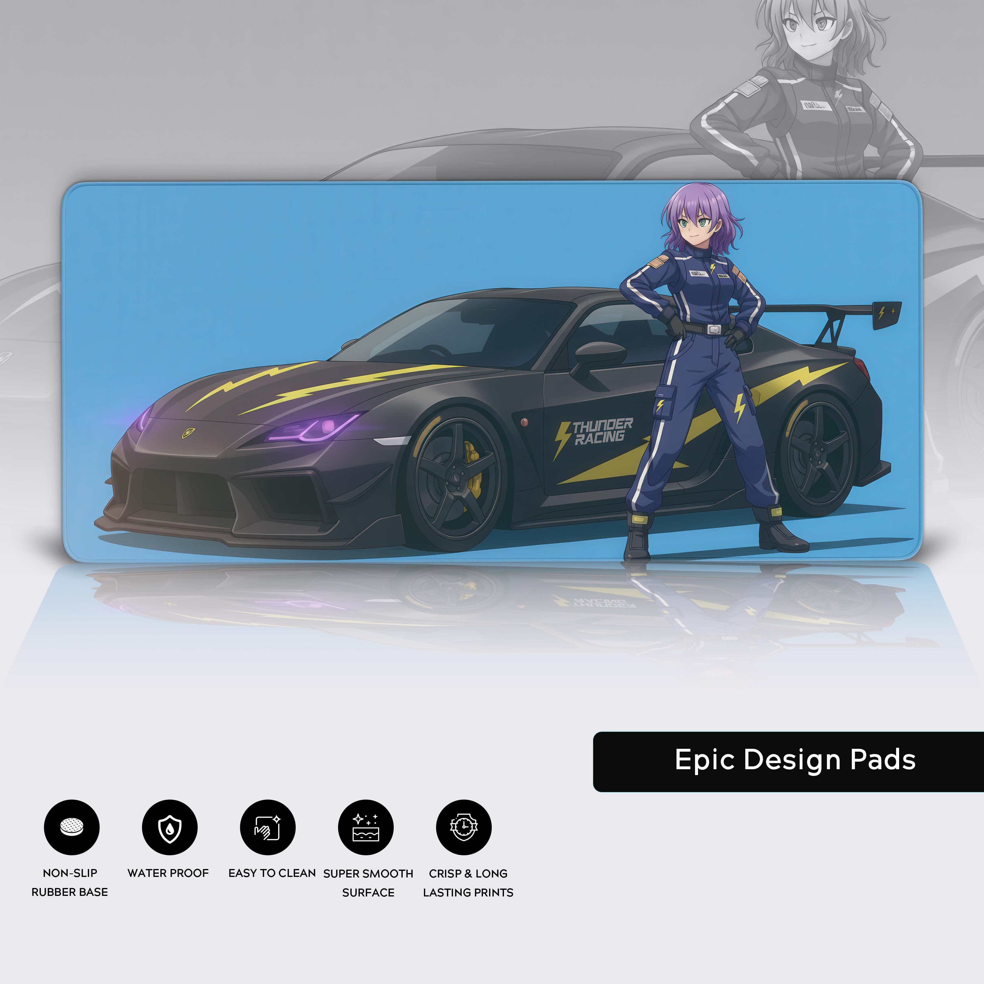 Close-up of the Thunder Racing Blue anime desk mat showcasing its high-quality stitched edges and non-slip rubber base. - Epic Design Pads