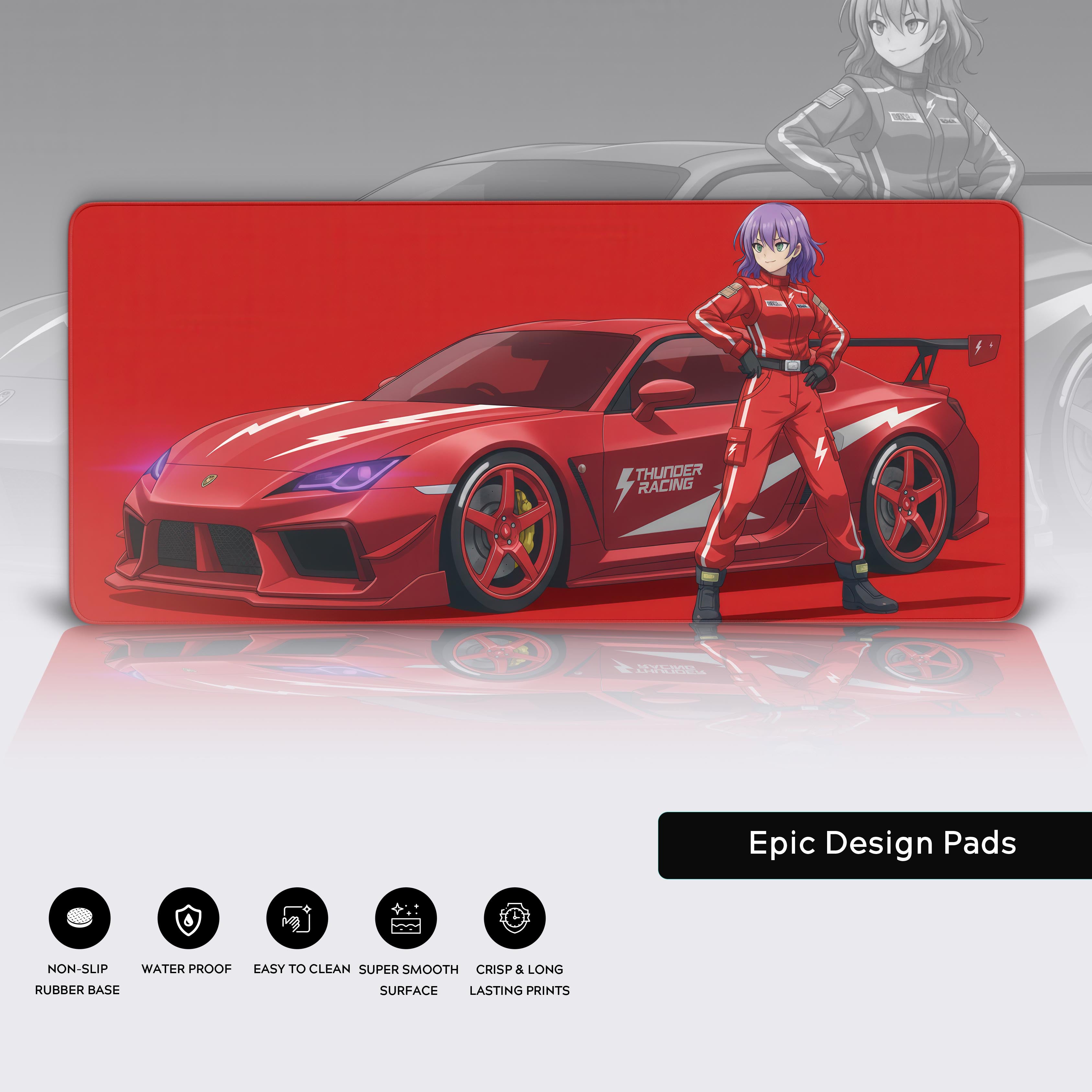Thunder Racing Red anime gaming desk mat showcasing details like high-quality stitched edges, a non-slip rubber base, and water-resistant surface. - Epic Design Pads
