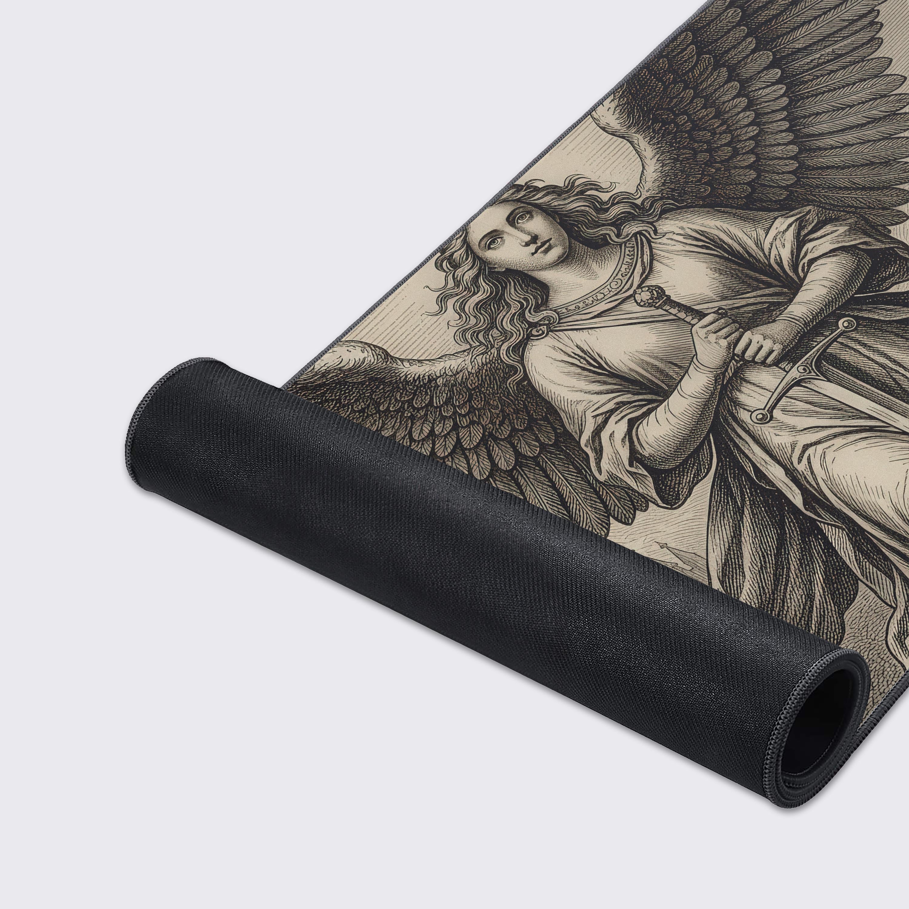 Angel Desk Mat – Winged Sentinel Engraving Style, Large Gaming