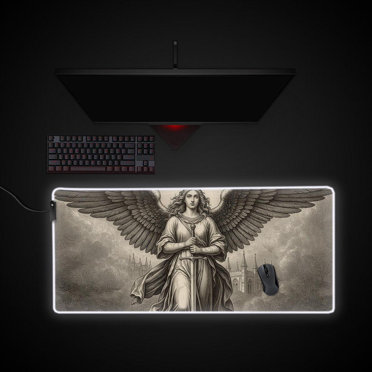 Winged Sentinel desk mat with RGB edge lighting