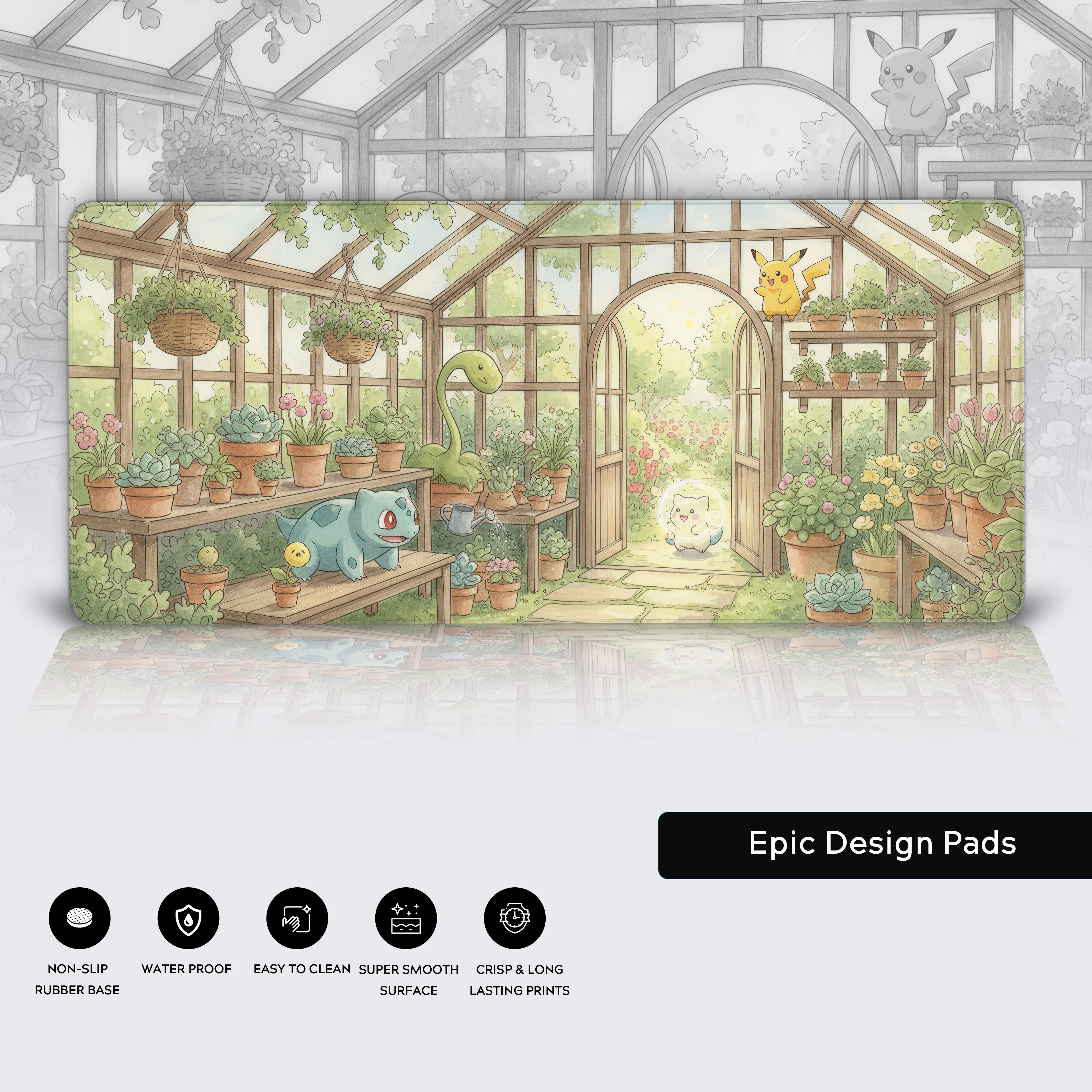 Close-up of the Magical Greenhouse Pokémon desk mat highlighting the durable stitched edges and non-slip rubber base. - Epic Design Pads