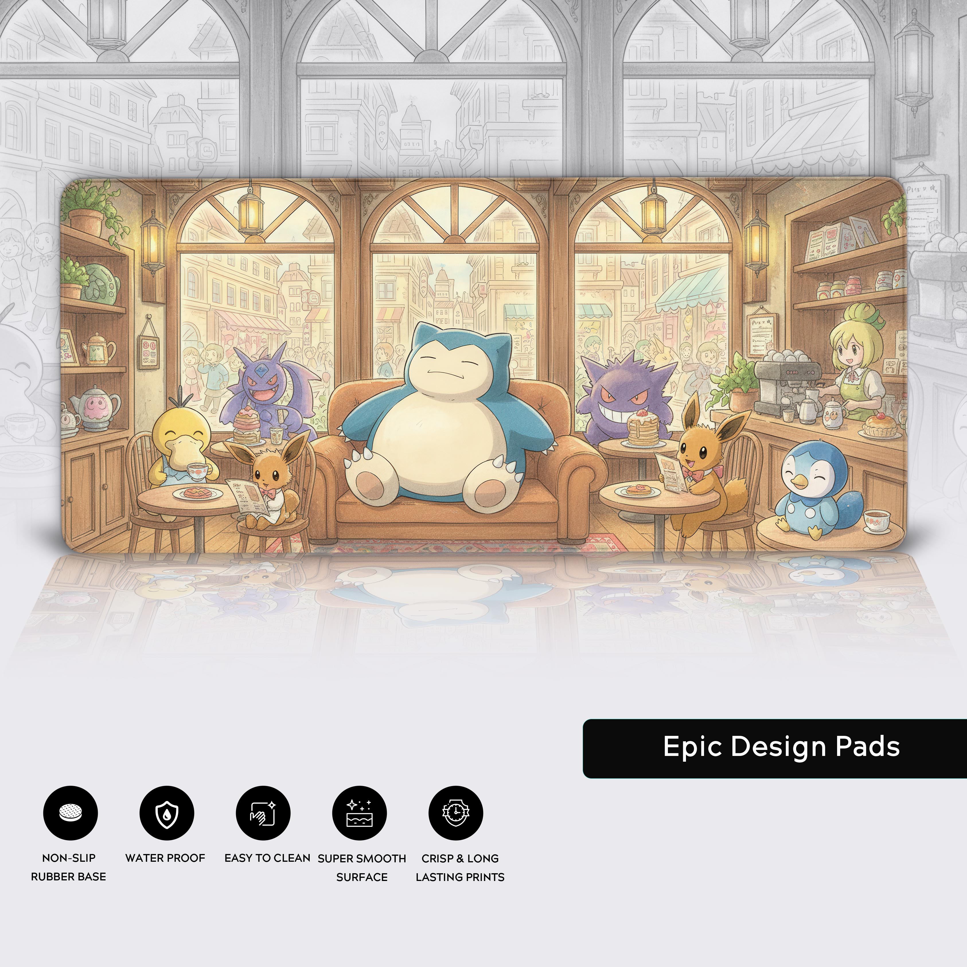 'Fantasy Café' Pokémon desk mat showcasing the smooth, water-resistant surface, stitched edges, and non-slip rubber base. - Epic Design Pads