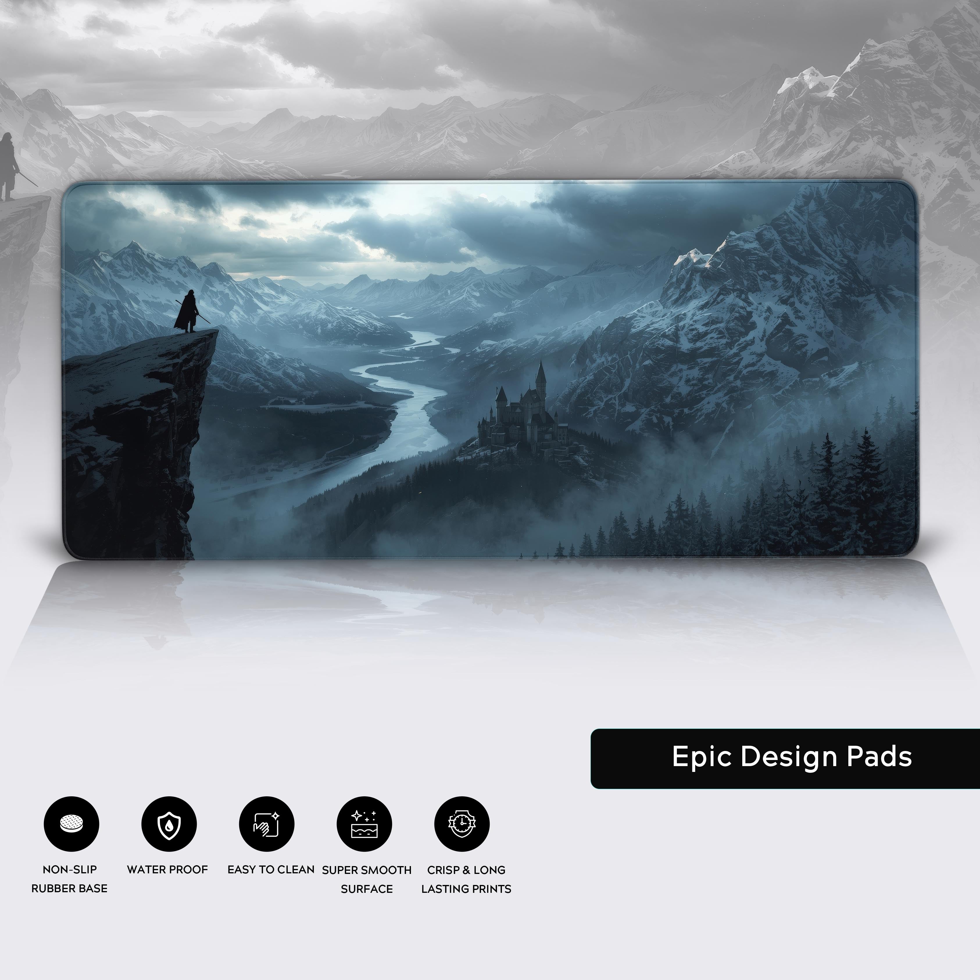 Silent Vigil fantasy desk mat showing details of the high-quality stitched edges, smooth cloth surface, and non-slip rubber base. - Epic Design Pads