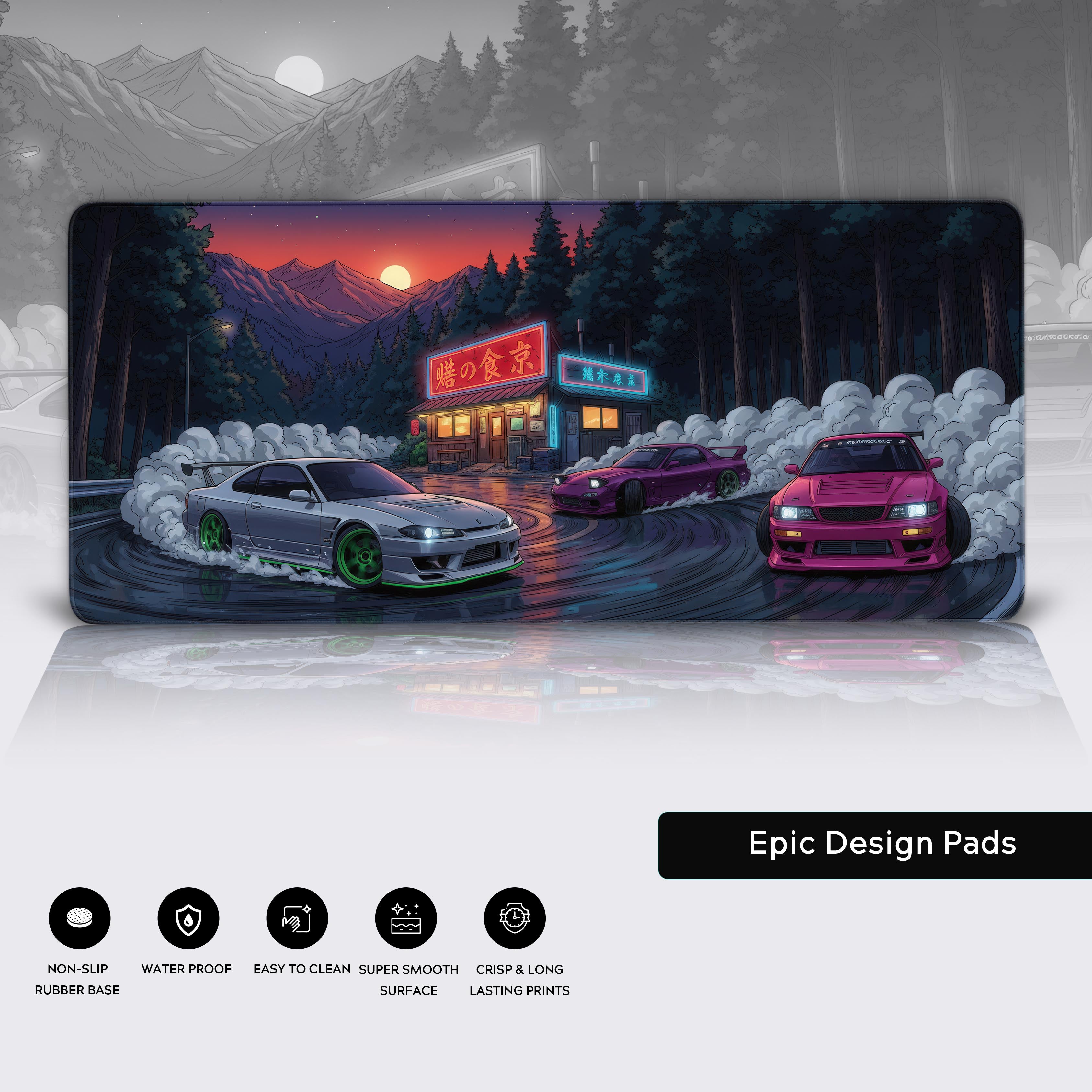 Close-up of the Midnight Drift JDM desk mat highlighting the anti-fray stitched edges, smooth cloth surface, and non-slip rubber base. - Epic Design Pads